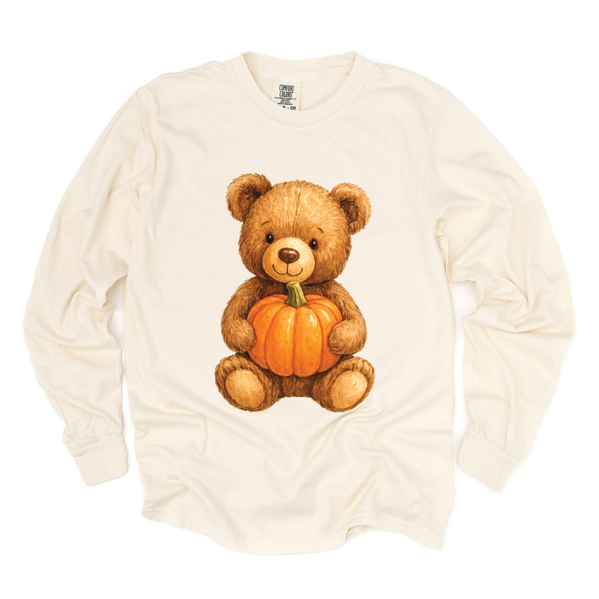 Watercolor Pumpkin Bear - Womens Garment Dyed Long Sleeve