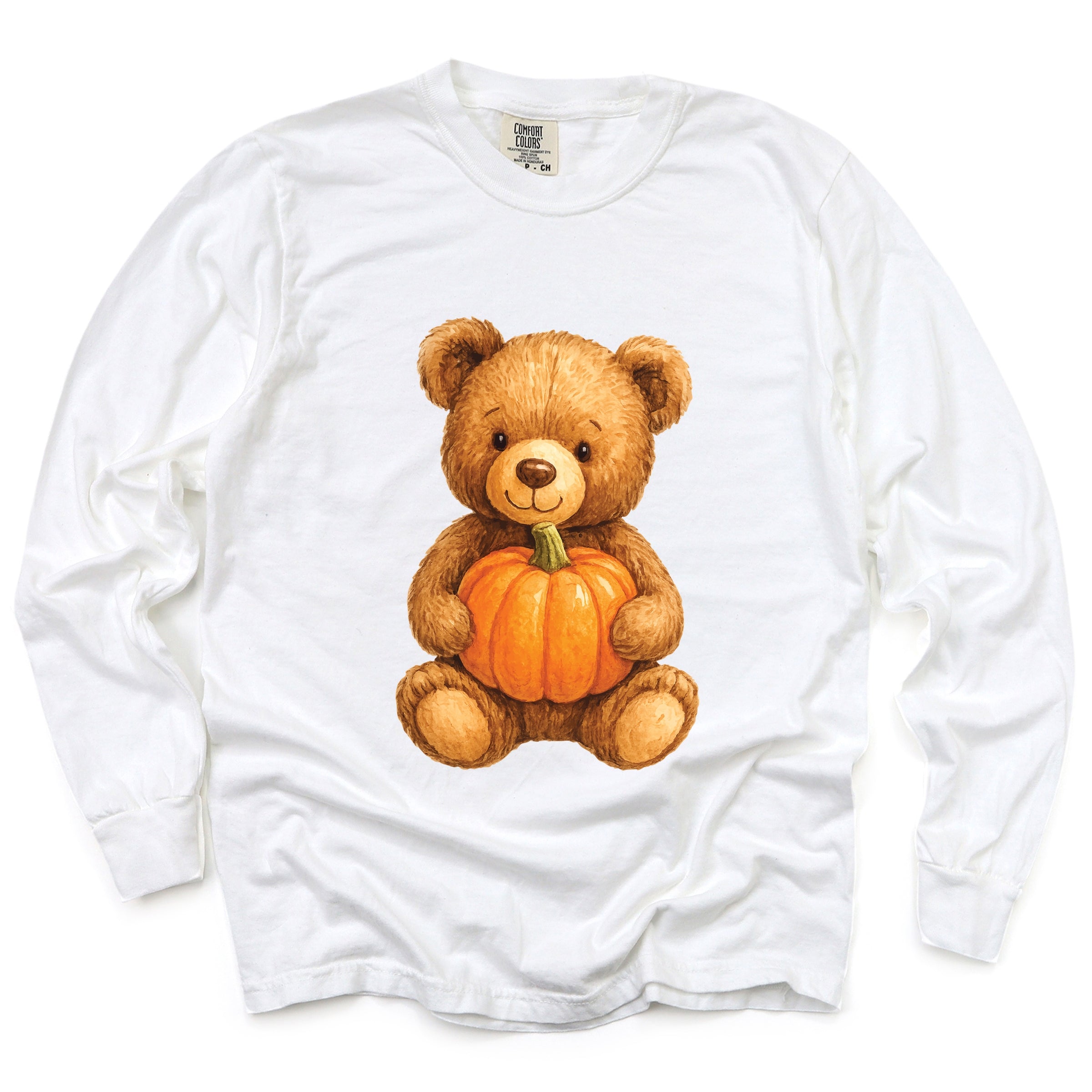 Watercolor Pumpkin Bear - Womens Garment Dyed Long Sleeve