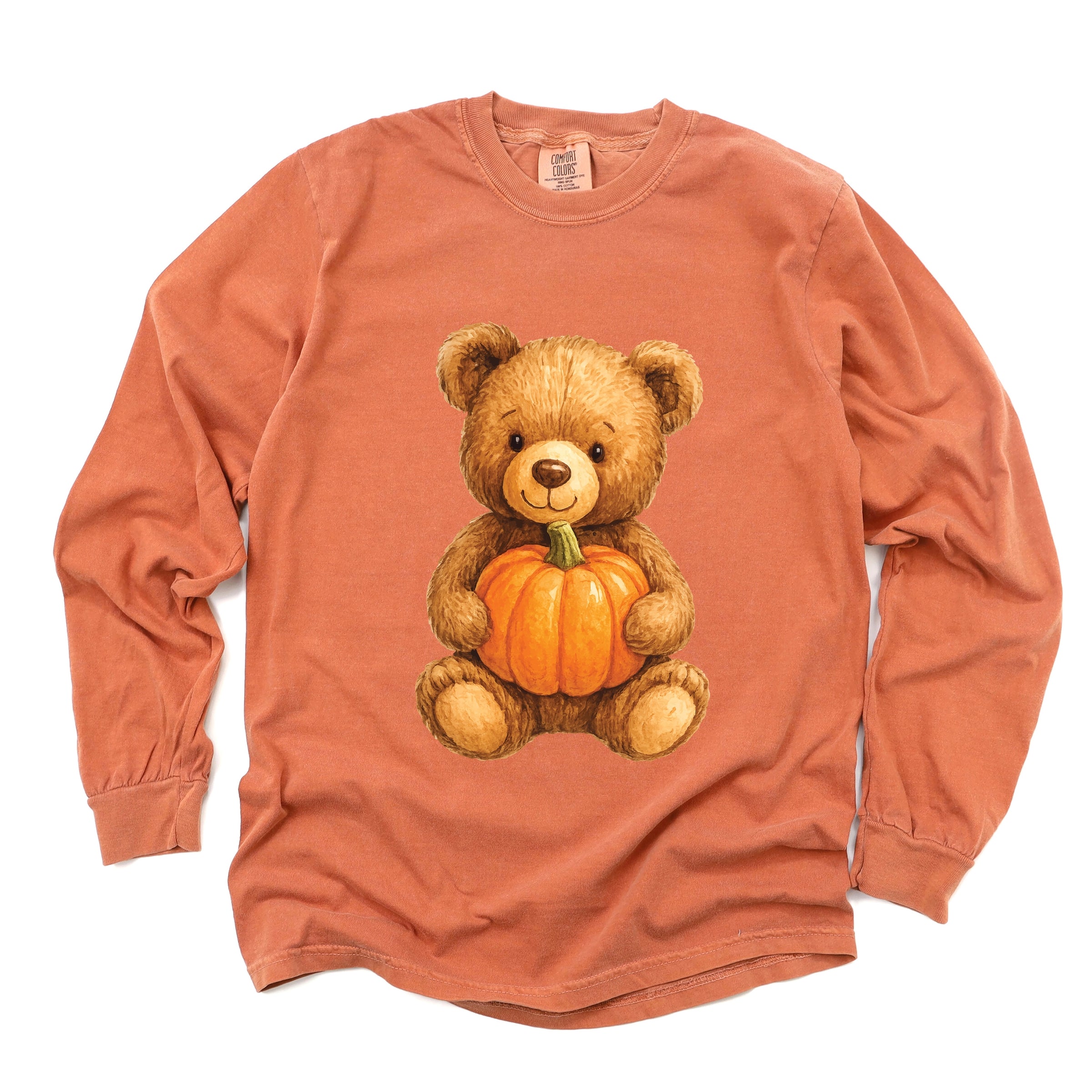 Watercolor Pumpkin Bear - Womens Garment Dyed Long Sleeve