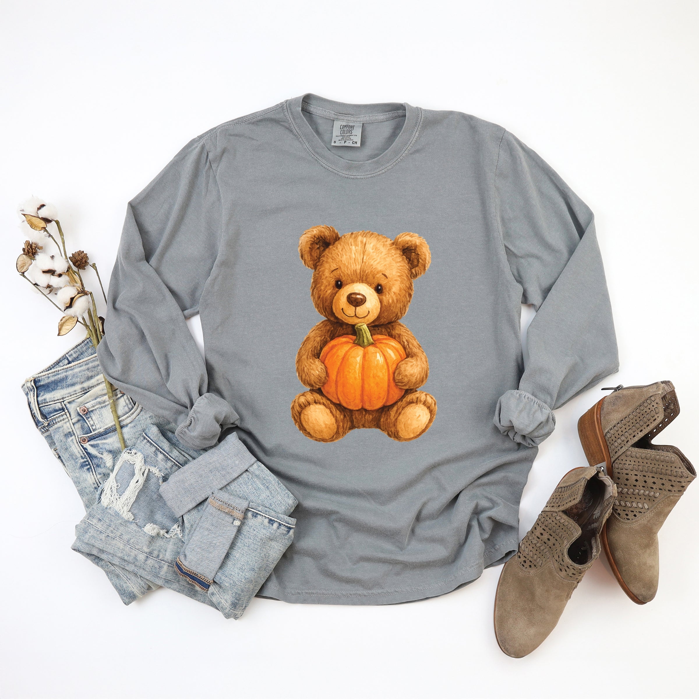 Watercolor Pumpkin Bear - Womens Garment Dyed Long Sleeve
