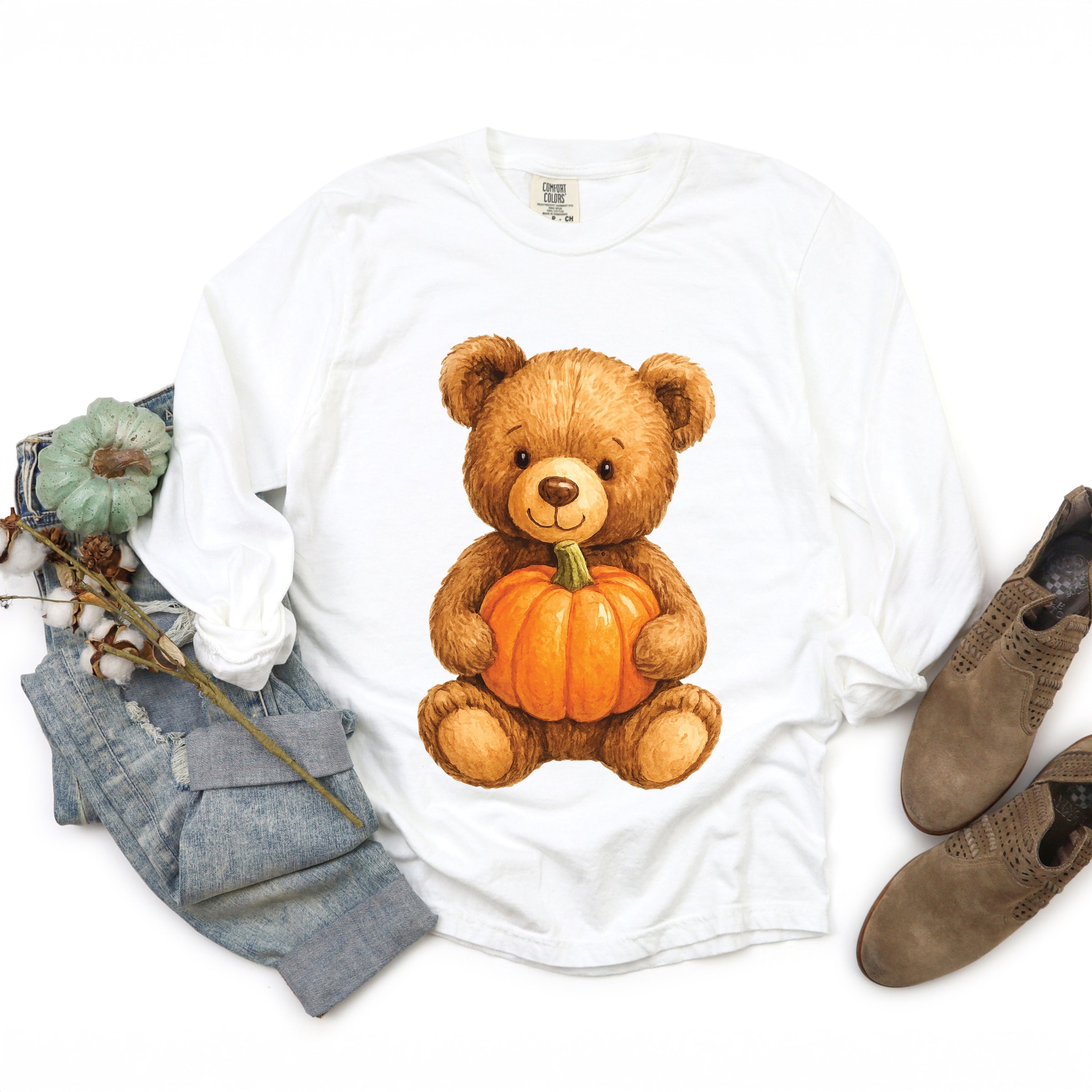 Watercolor Pumpkin Bear - Womens Garment Dyed Long Sleeve