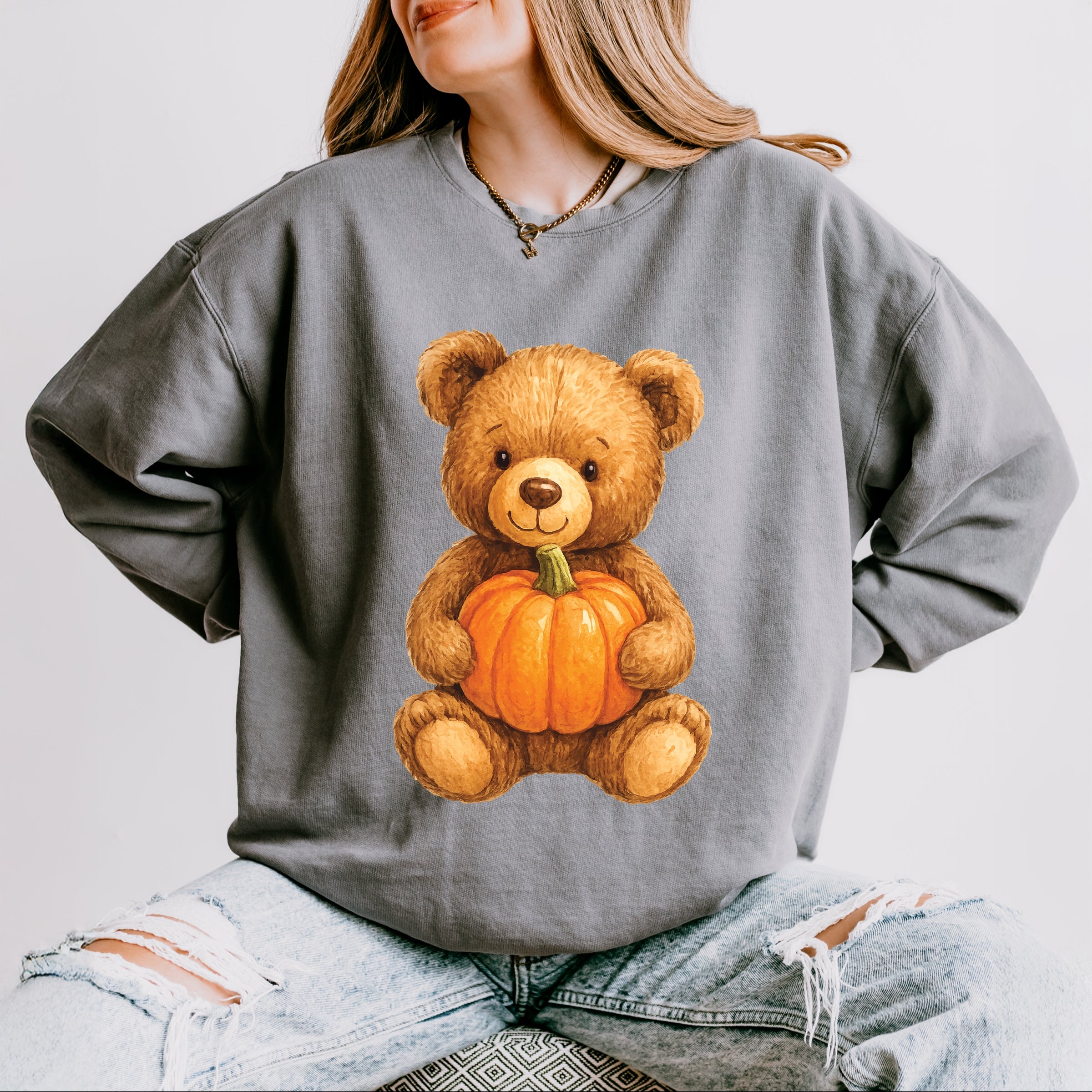 Watercolor Pumpkin Bear - Womens Lightweight Garment Dyed Sweatshirt