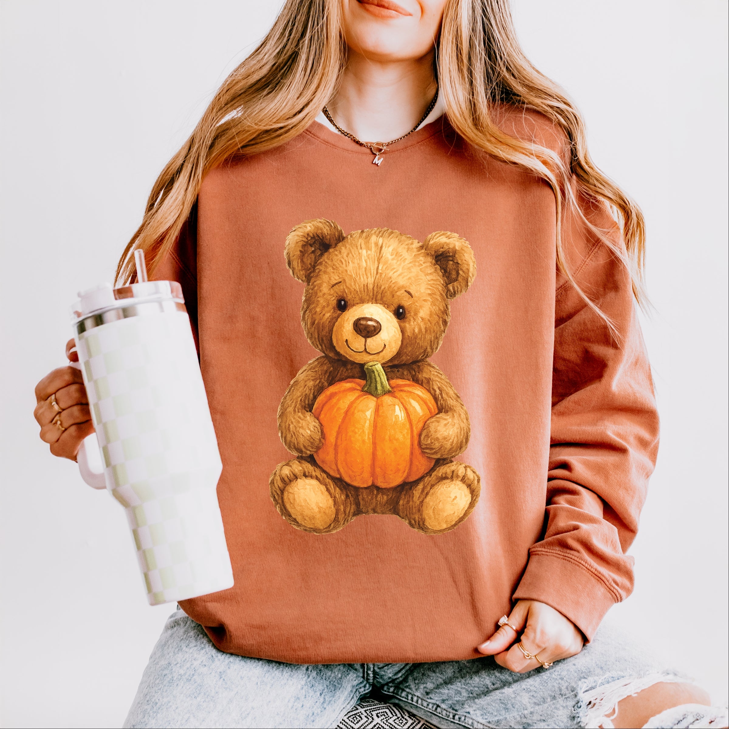 Watercolor Pumpkin Bear - Womens Lightweight Garment Dyed Sweatshirt