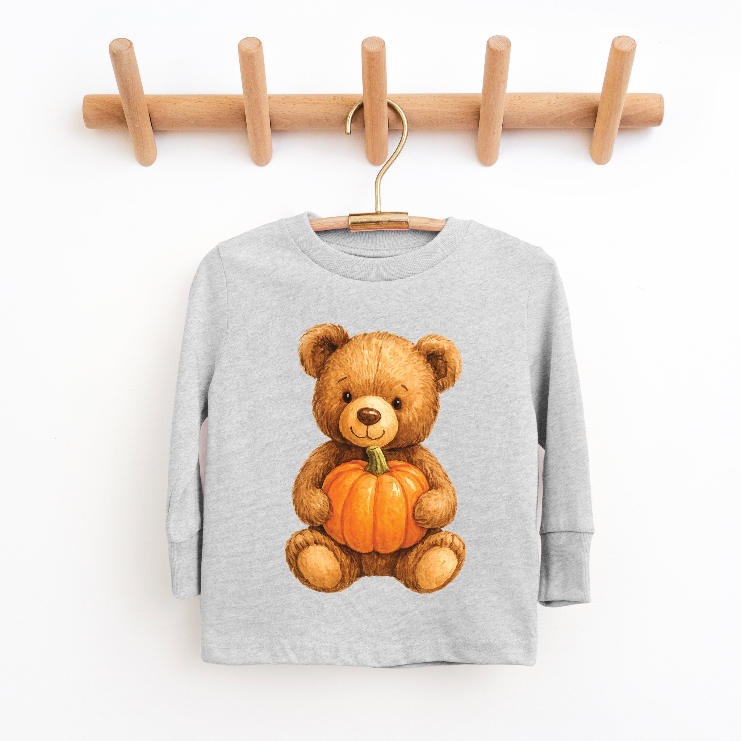 Watercolor Pumpkin Bear - Kids Toddler Long Sleeve Tee and Kids Youth Long Sleeve Tee