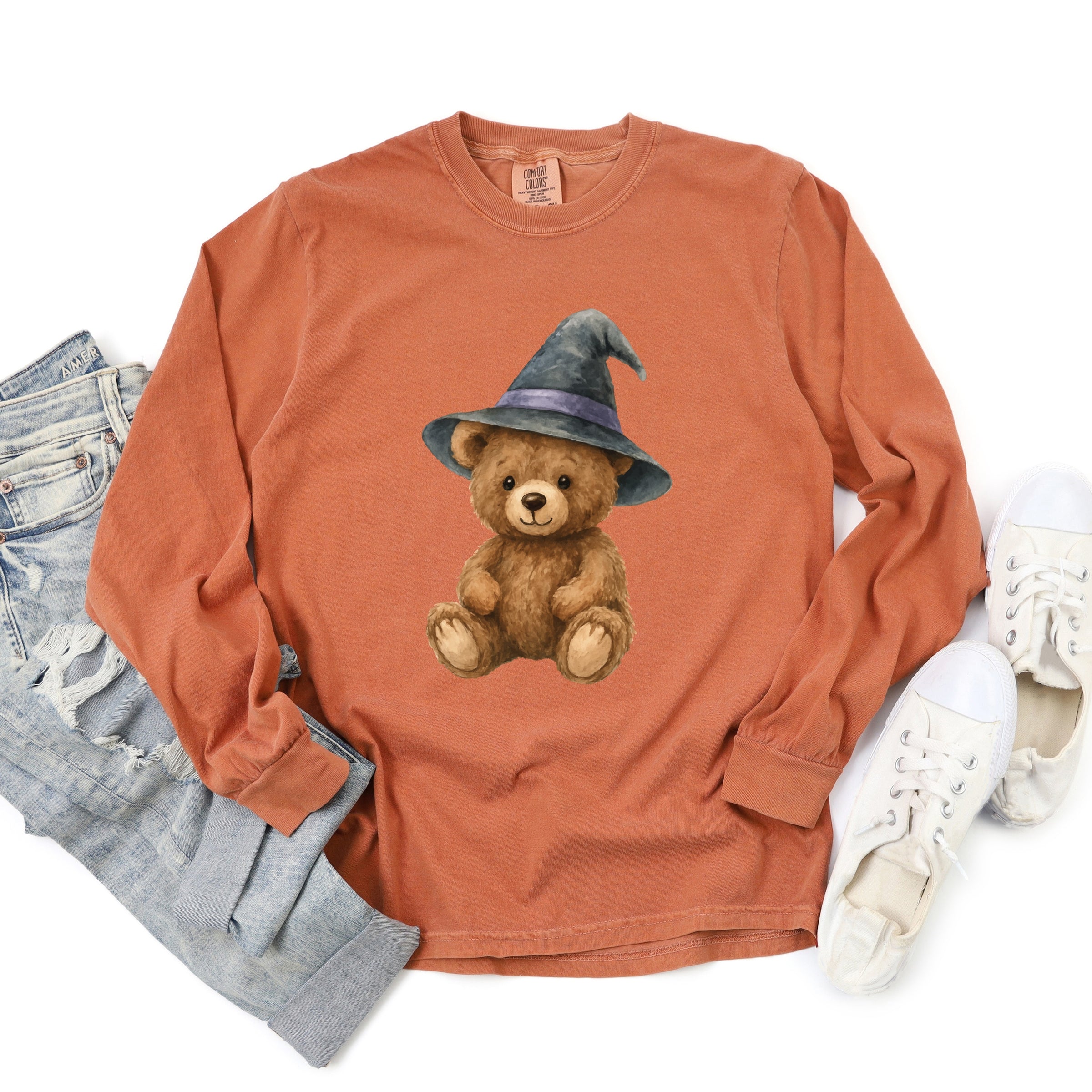 Watercolor Witchy Bear - Womens Garment Dyed Long Sleeve
