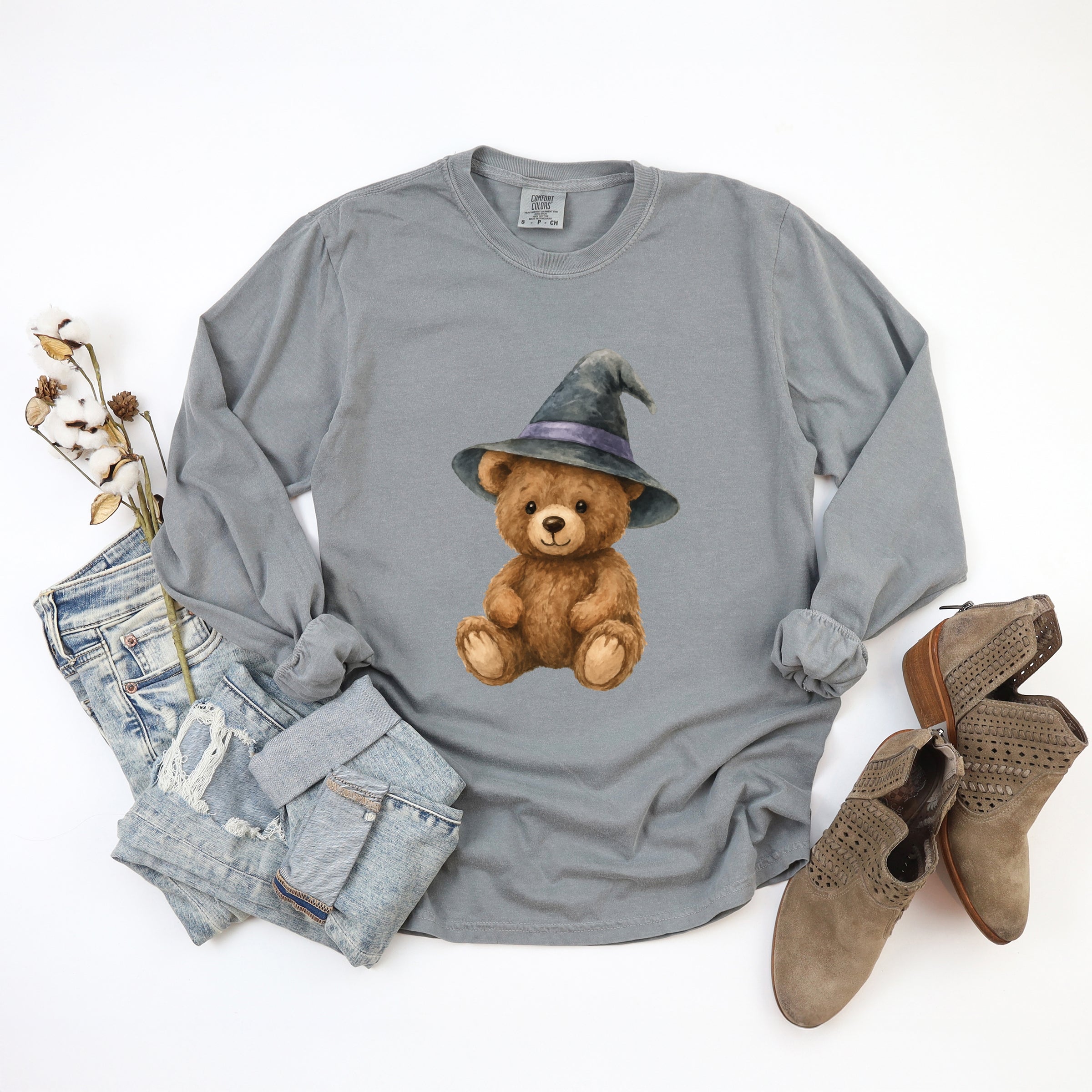 Watercolor Witchy Bear - Womens Garment Dyed Long Sleeve