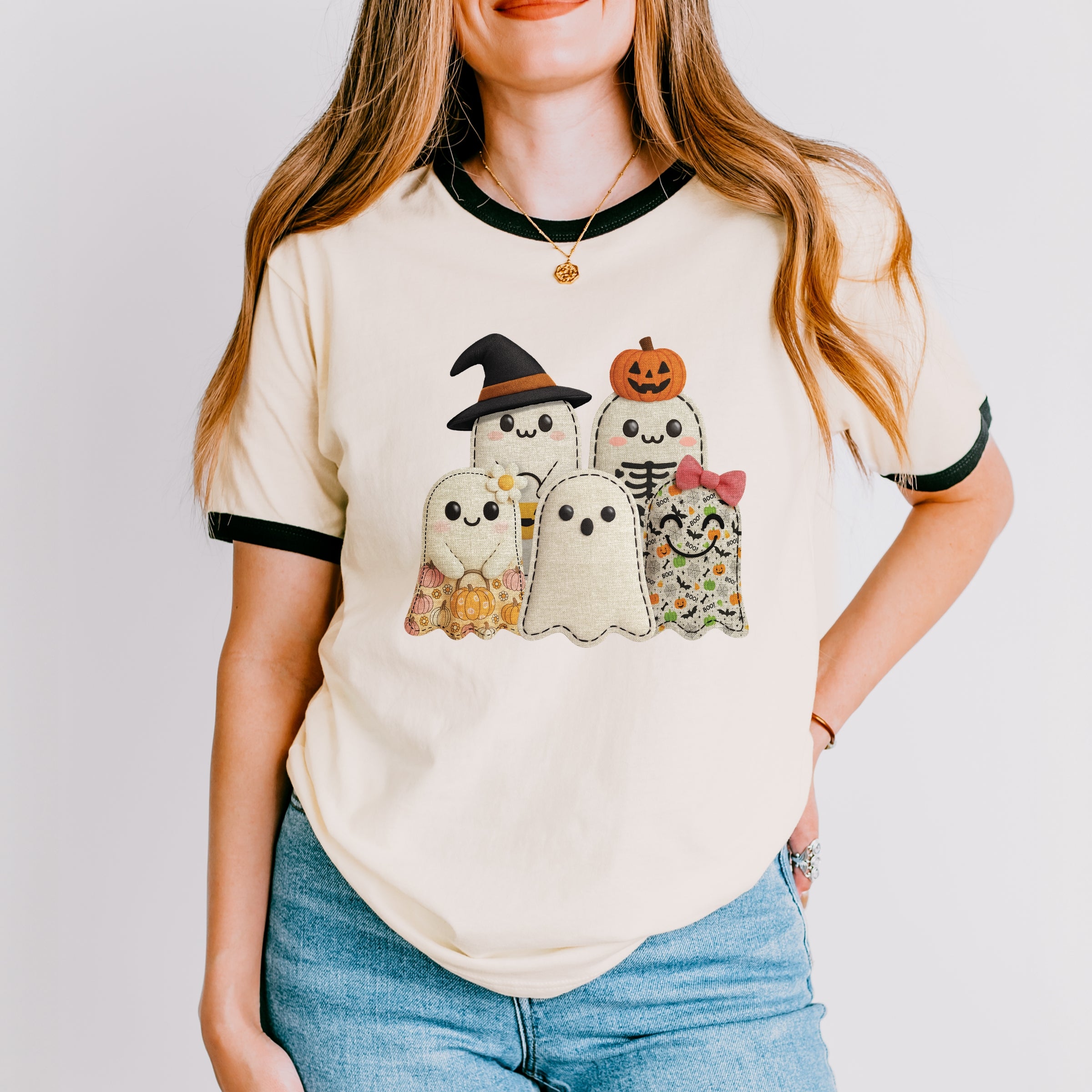 Ghost Family Patchwork Print - Womens Ringer Tee