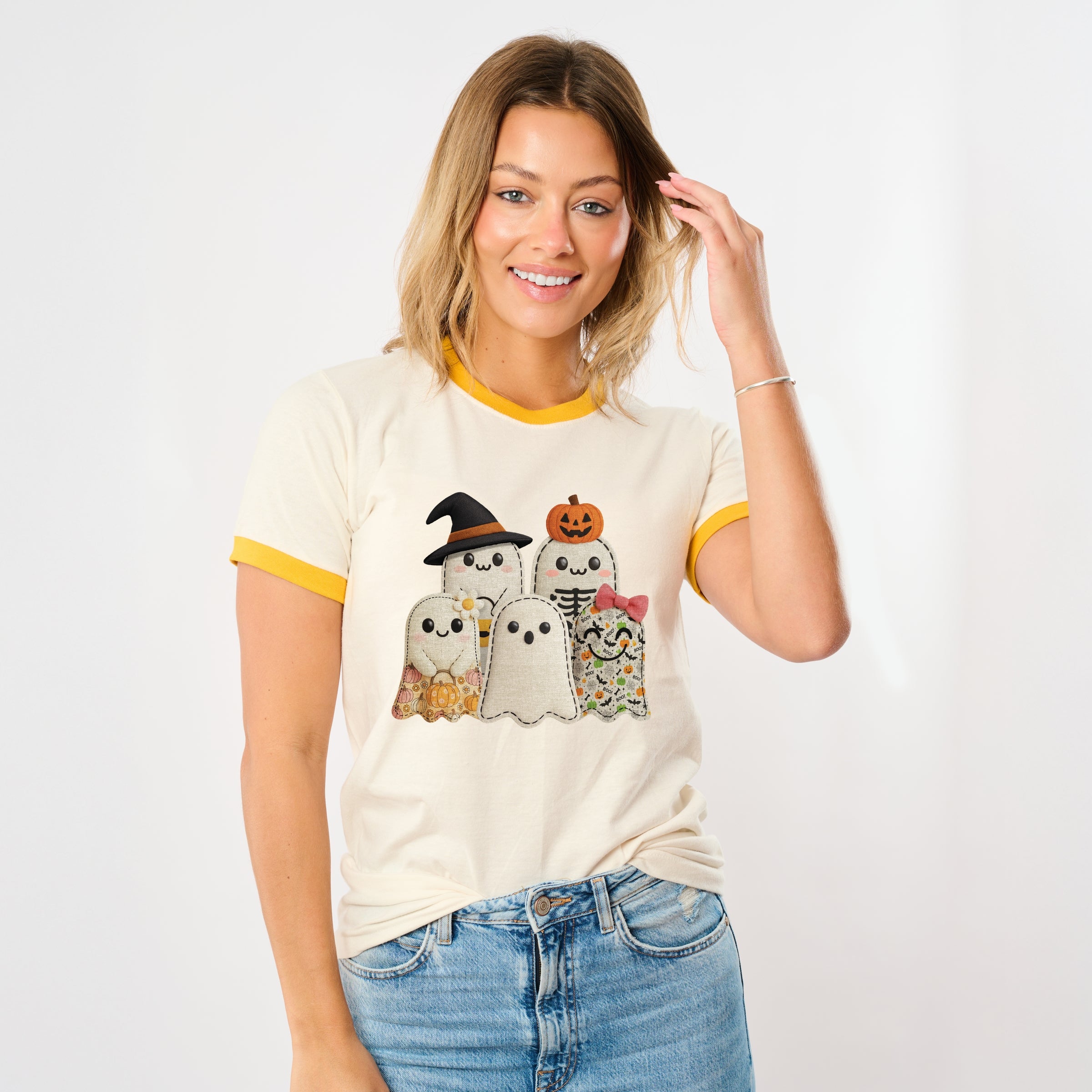Ghost Family Patchwork Print - Womens Ringer Tee