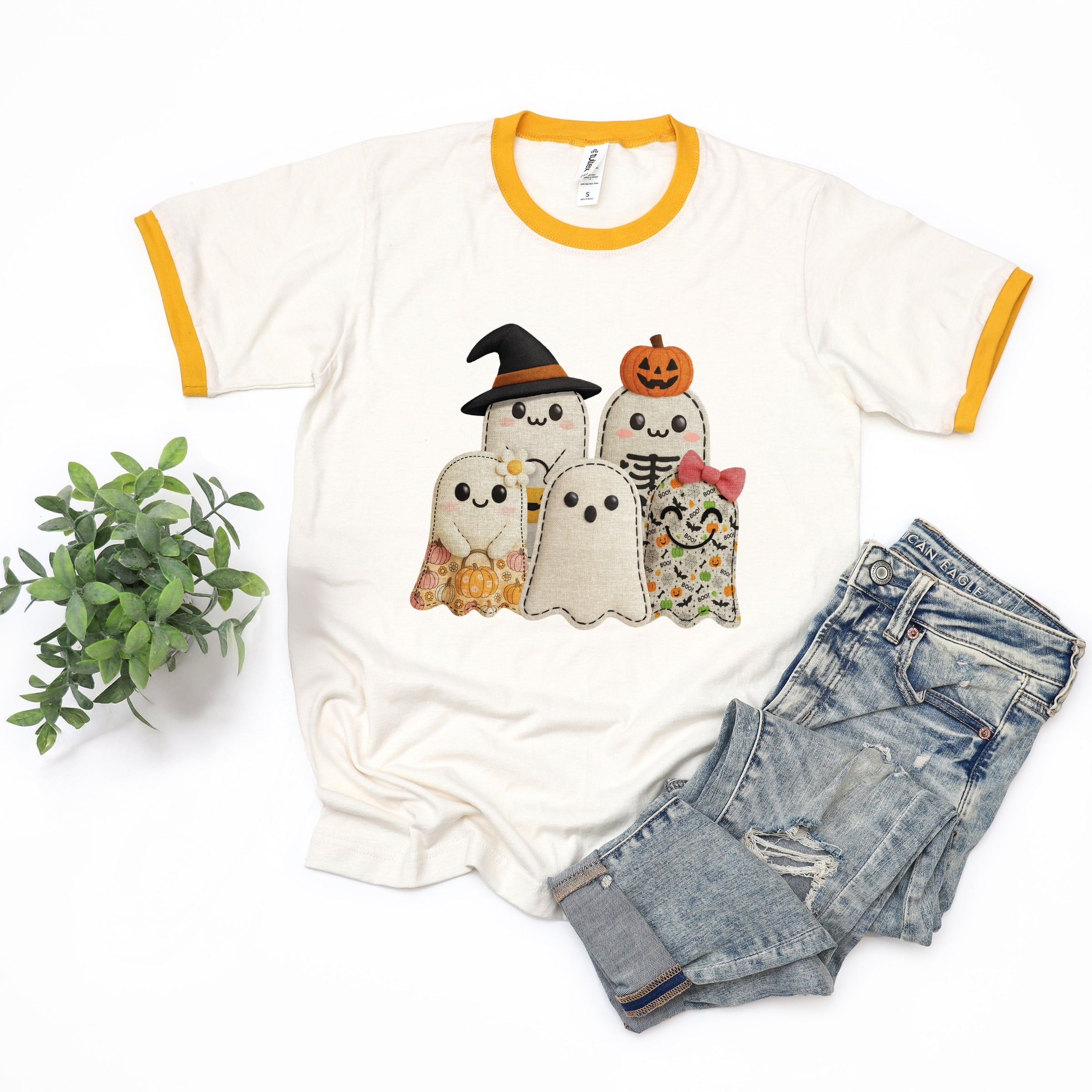 Ghost Family Patchwork Print - Womens Ringer Tee