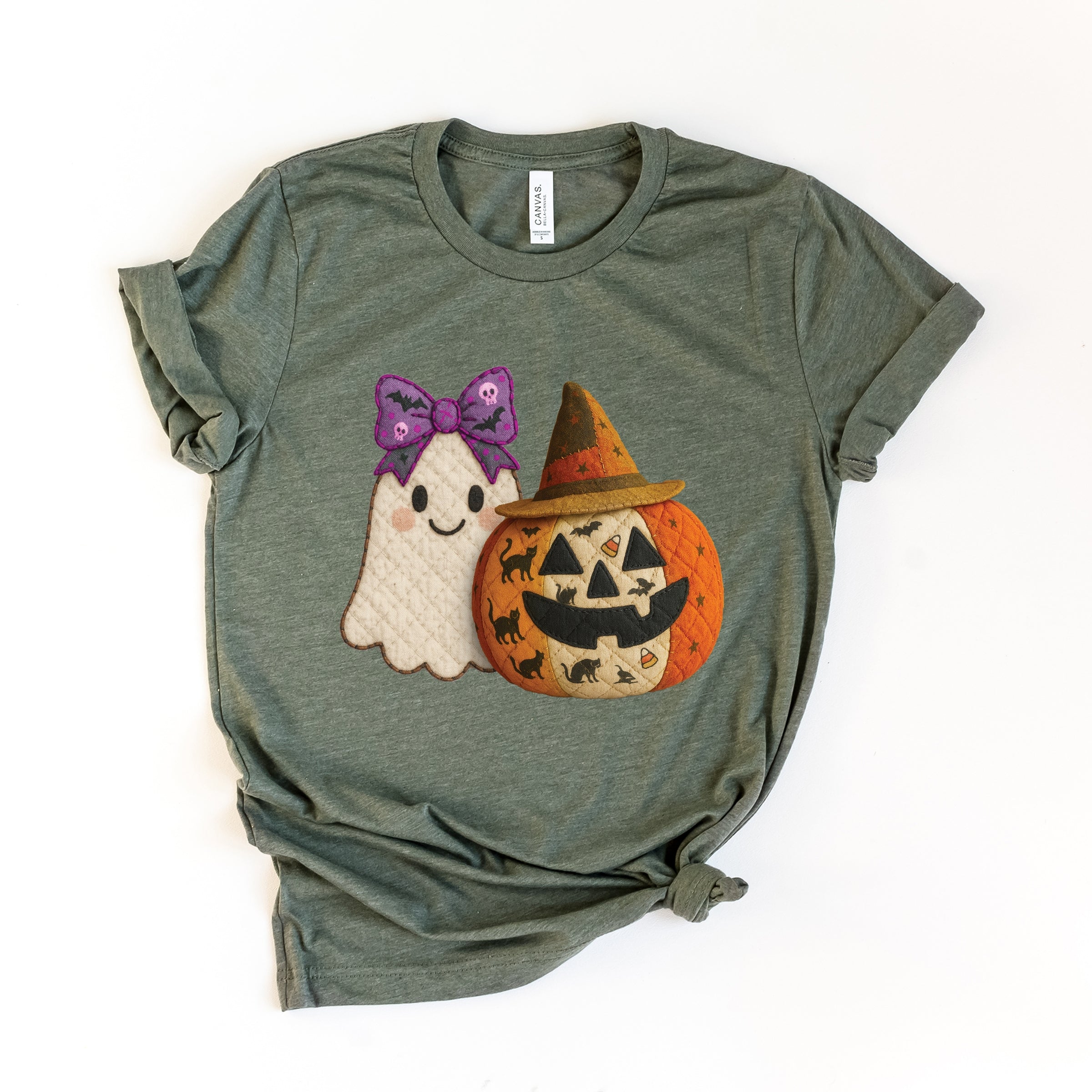 Ghost and Pumpkin Patchwork Print - Womens Short Sleeve Tee