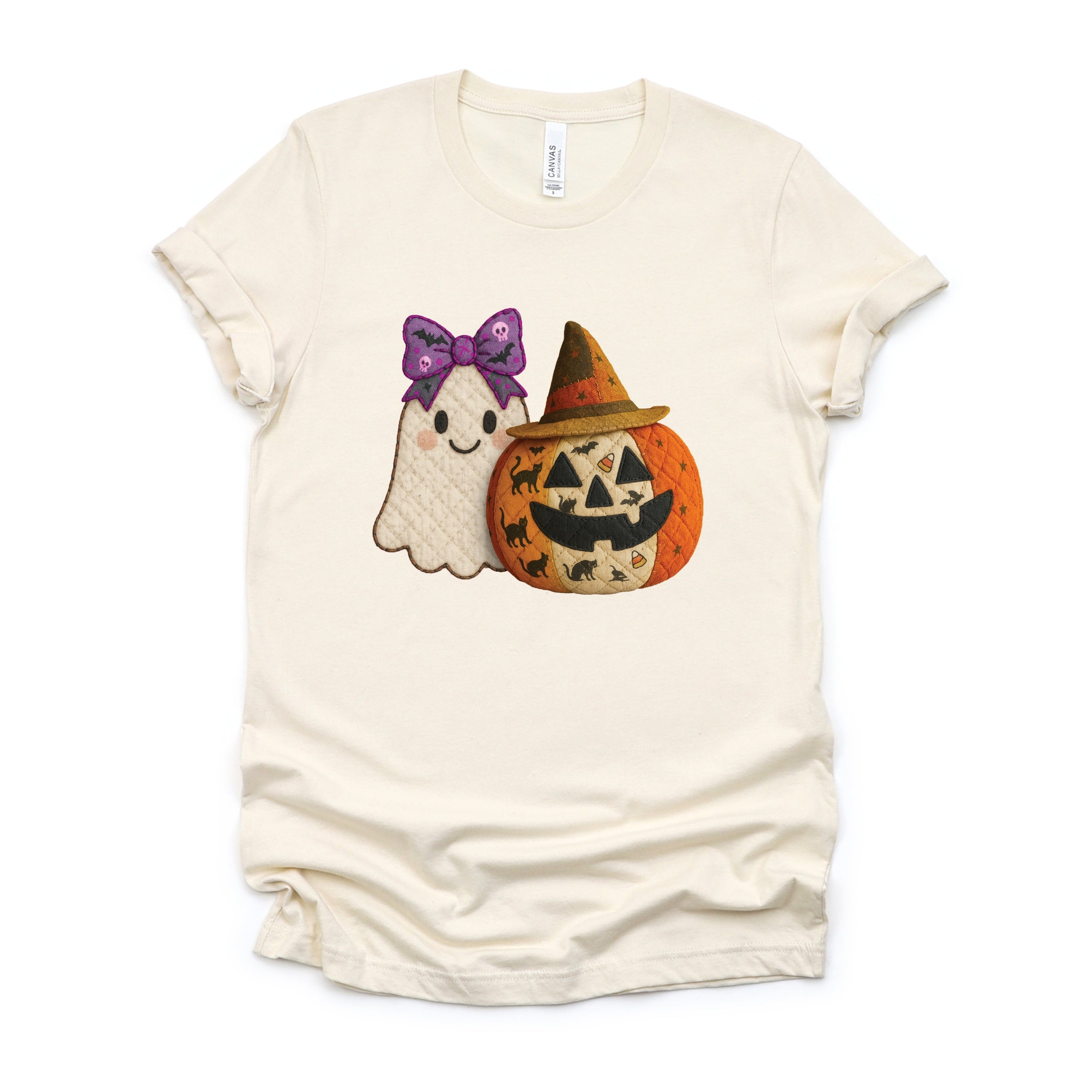 Ghost and Pumpkin Patchwork Print - Womens Short Sleeve Tee