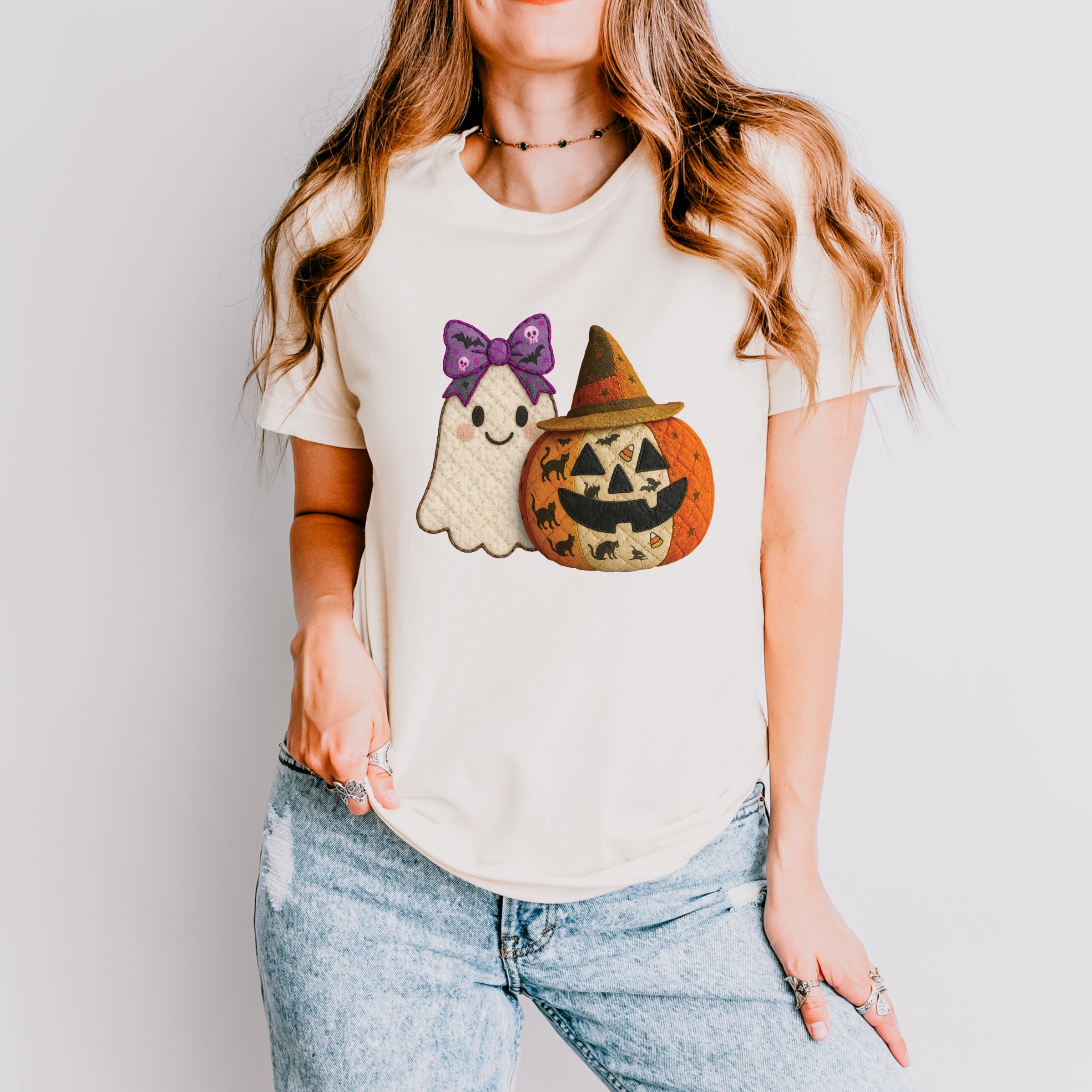 Ghost and Pumpkin Patchwork Print - Women's Short Sleeve Tee