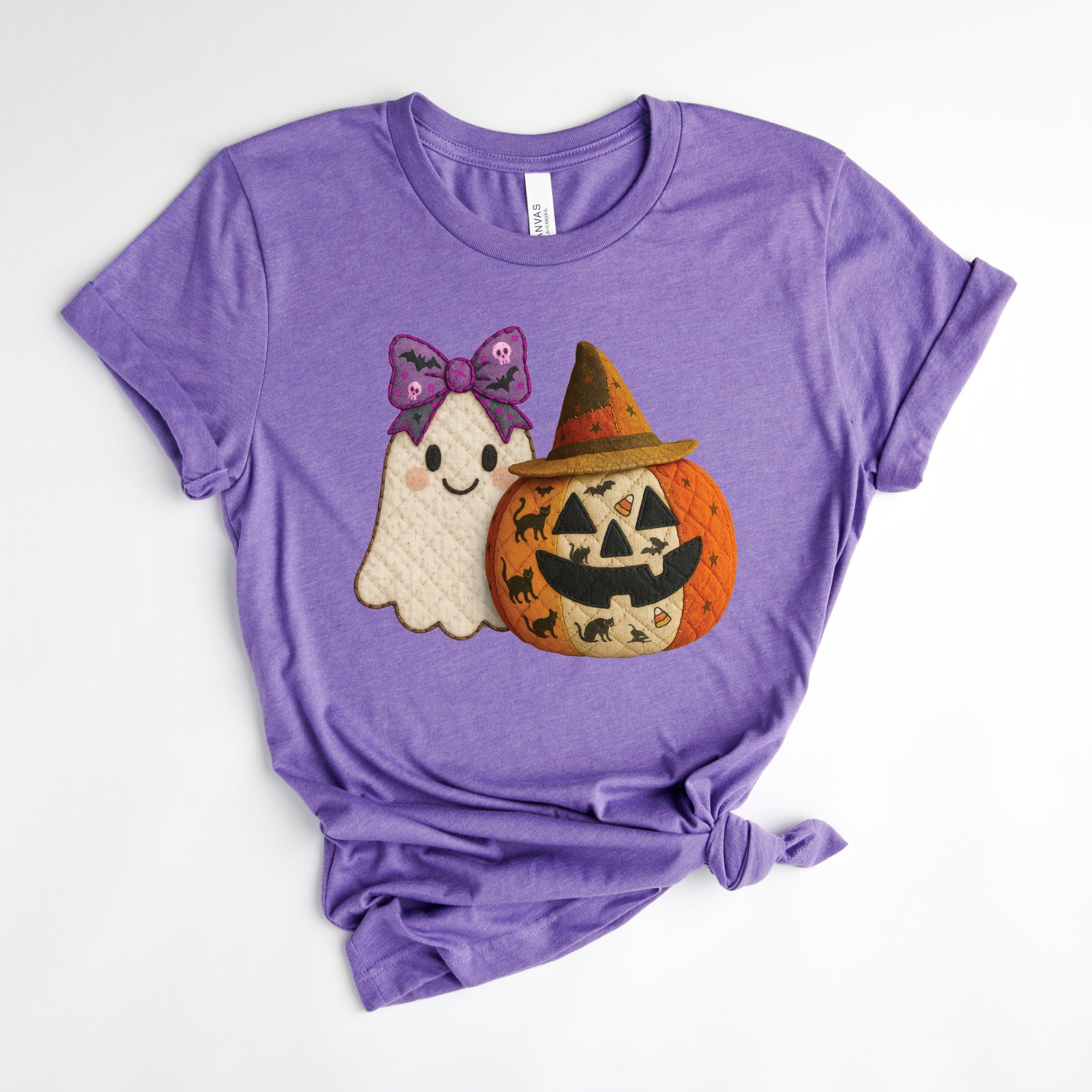 Ghost and Pumpkin Patchwork Print - Womens Short Sleeve Tee