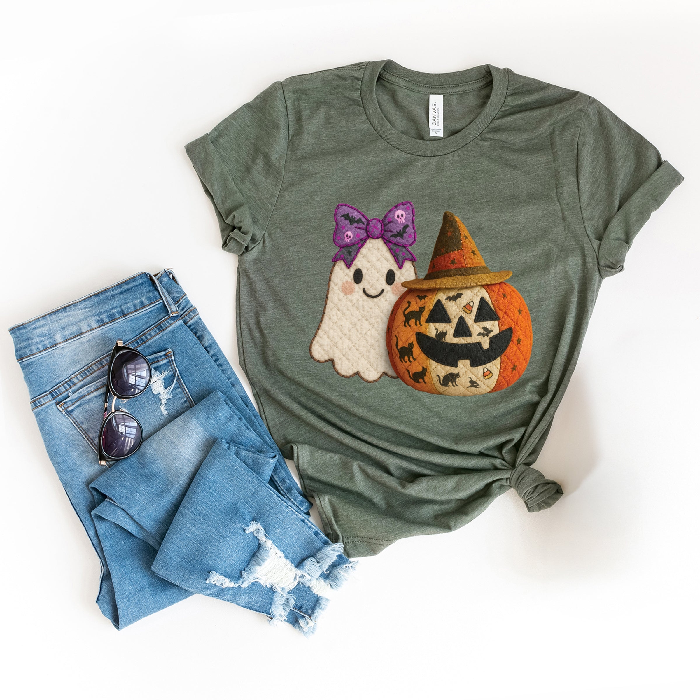 Ghost and Pumpkin Patchwork Print - Womens Short Sleeve Tee
