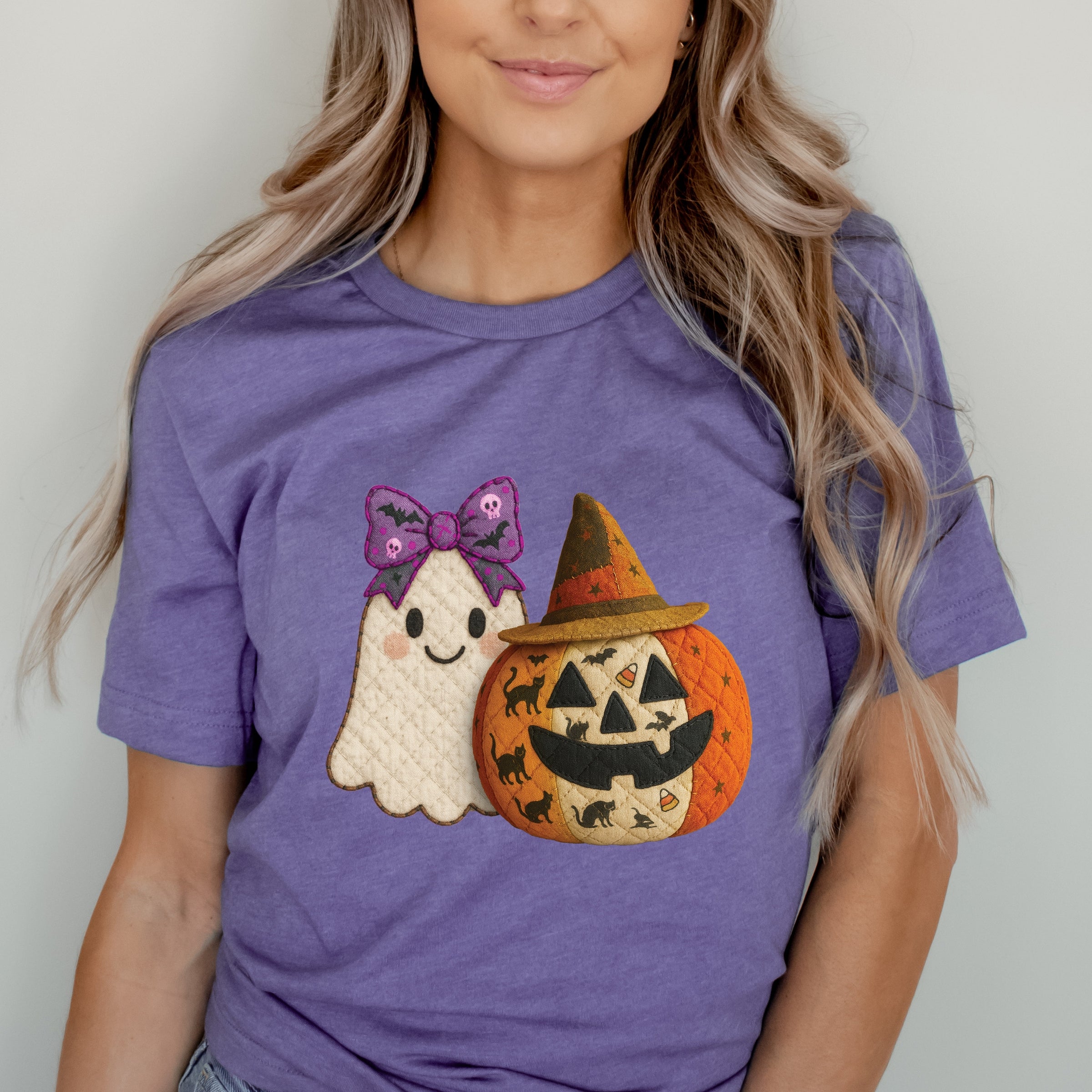 Ghost and Pumpkin Patchwork Print - Womens Short Sleeve Tee