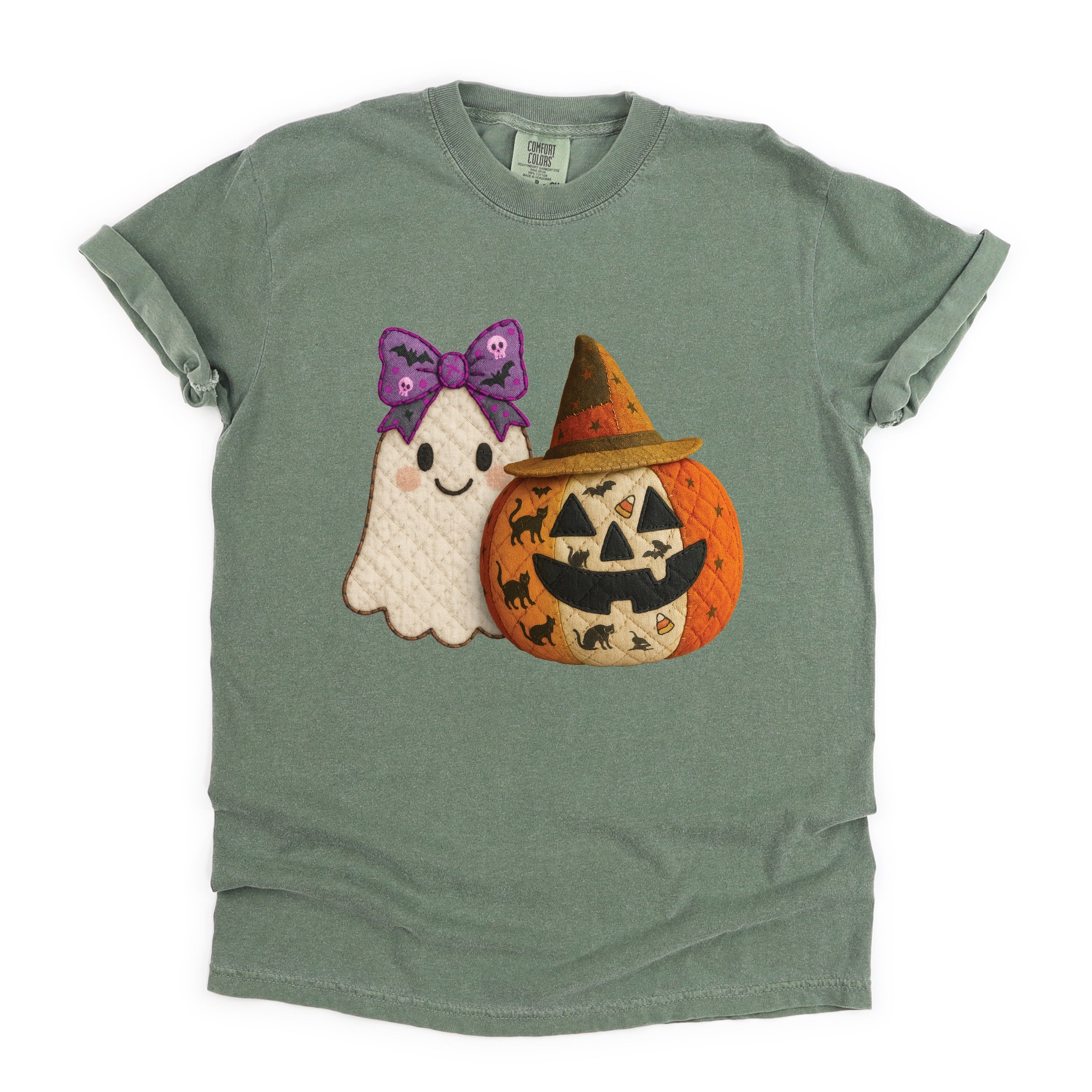 Ghost and Pumpkin Patchwork Print - Womens Garment Dyed Tee