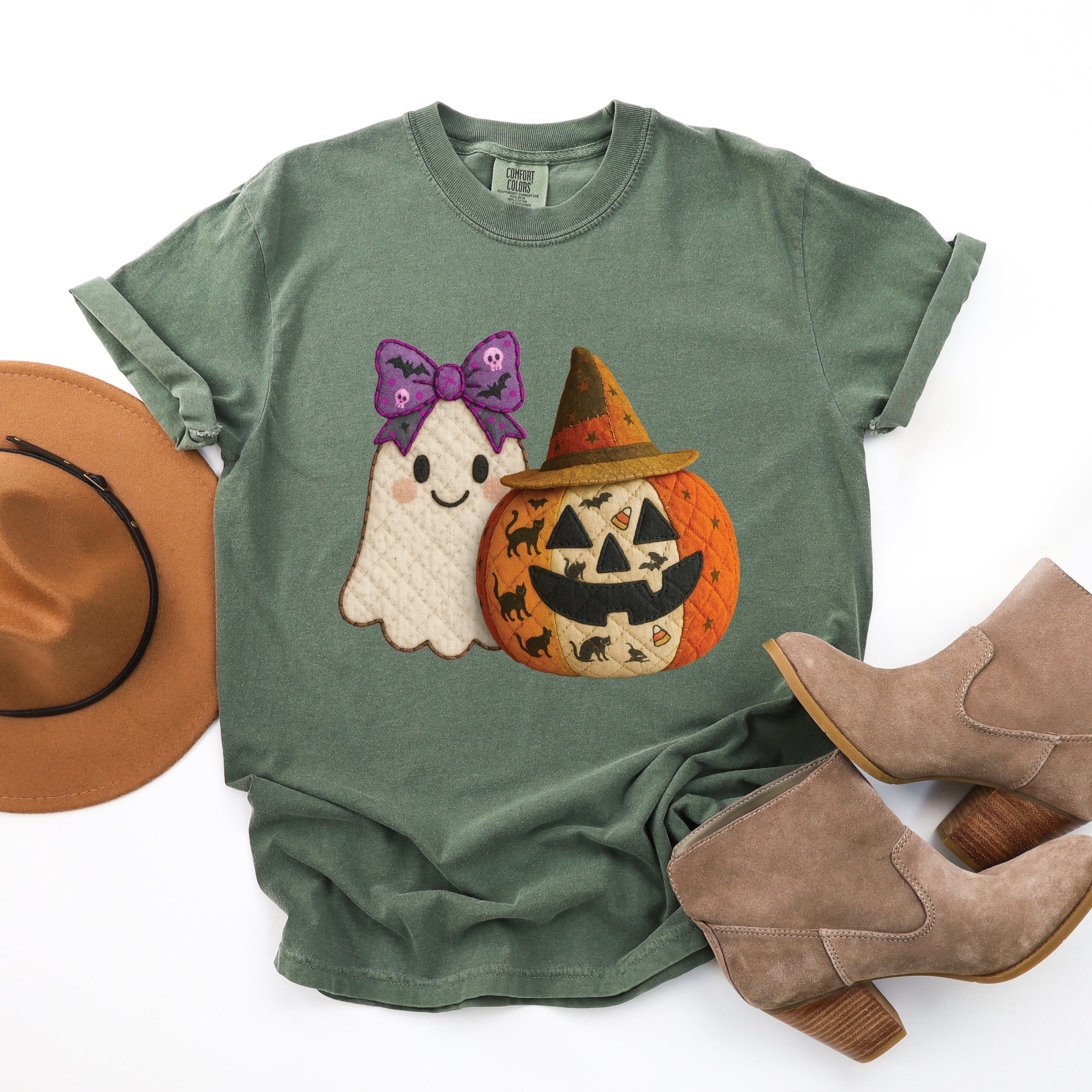 Ghost and Pumpkin Patchwork Print - Womens Garment Dyed Tee