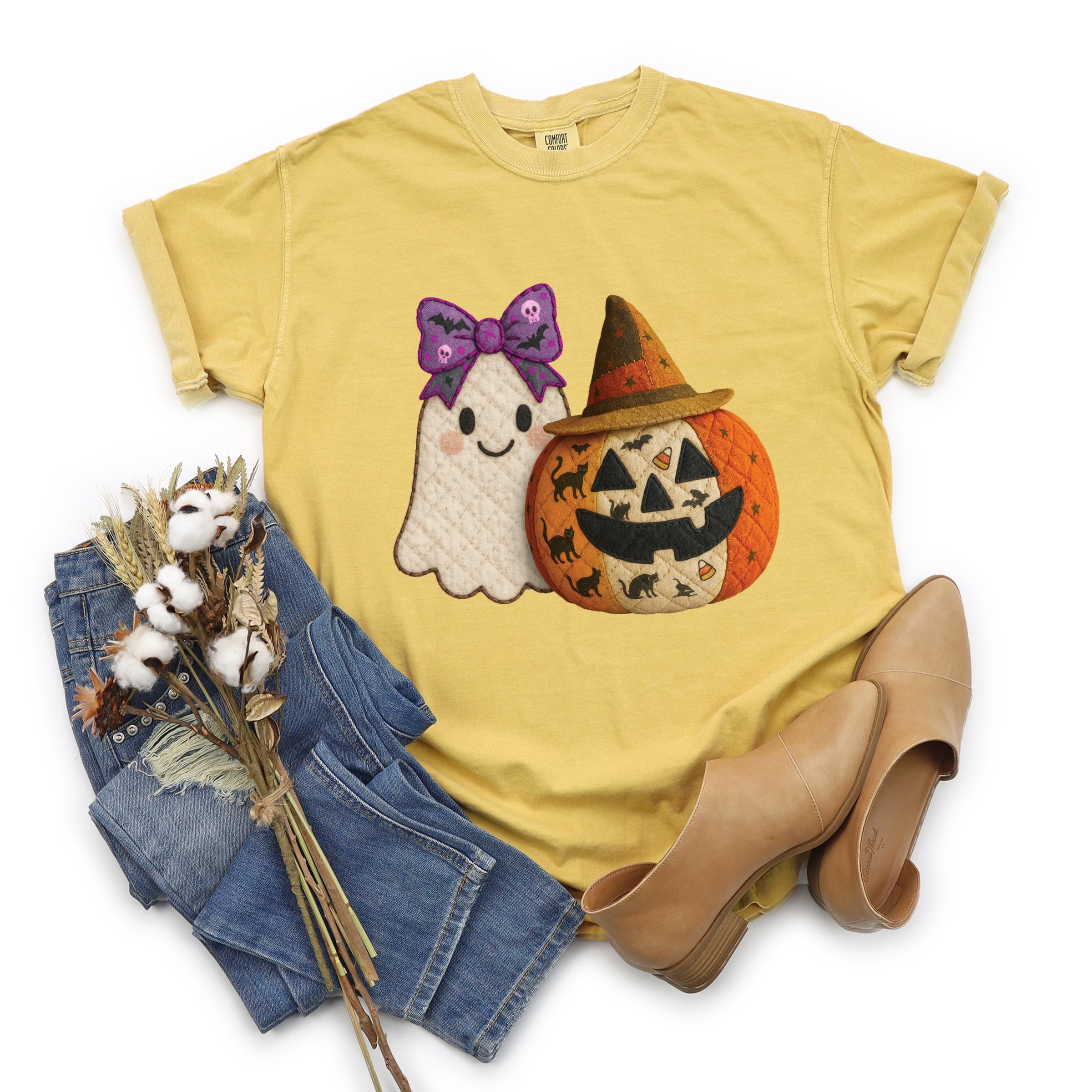 Ghost and Pumpkin Patchwork Print - Womens Garment Dyed Tee