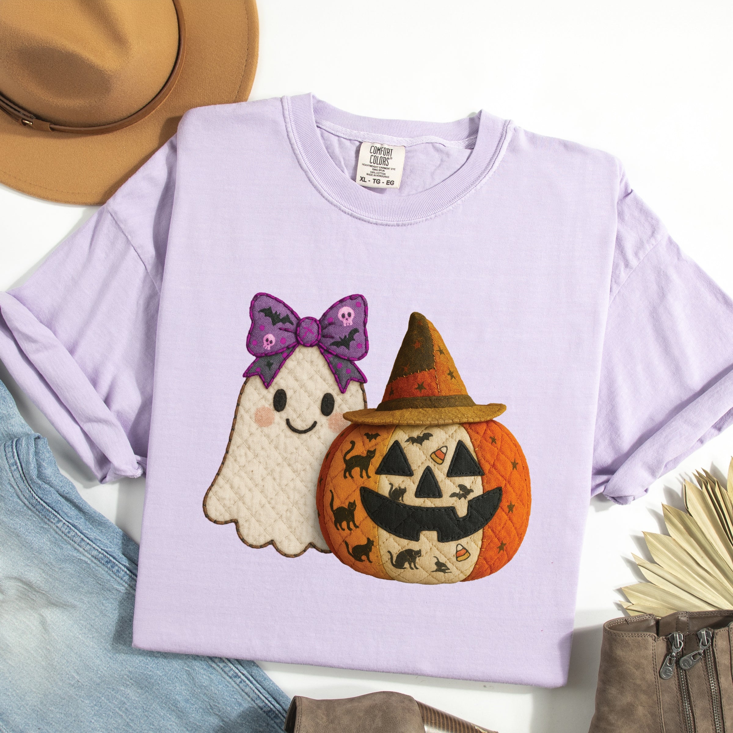 Ghost and Pumpkin Patchwork Print - Womens Garment Dyed Tee