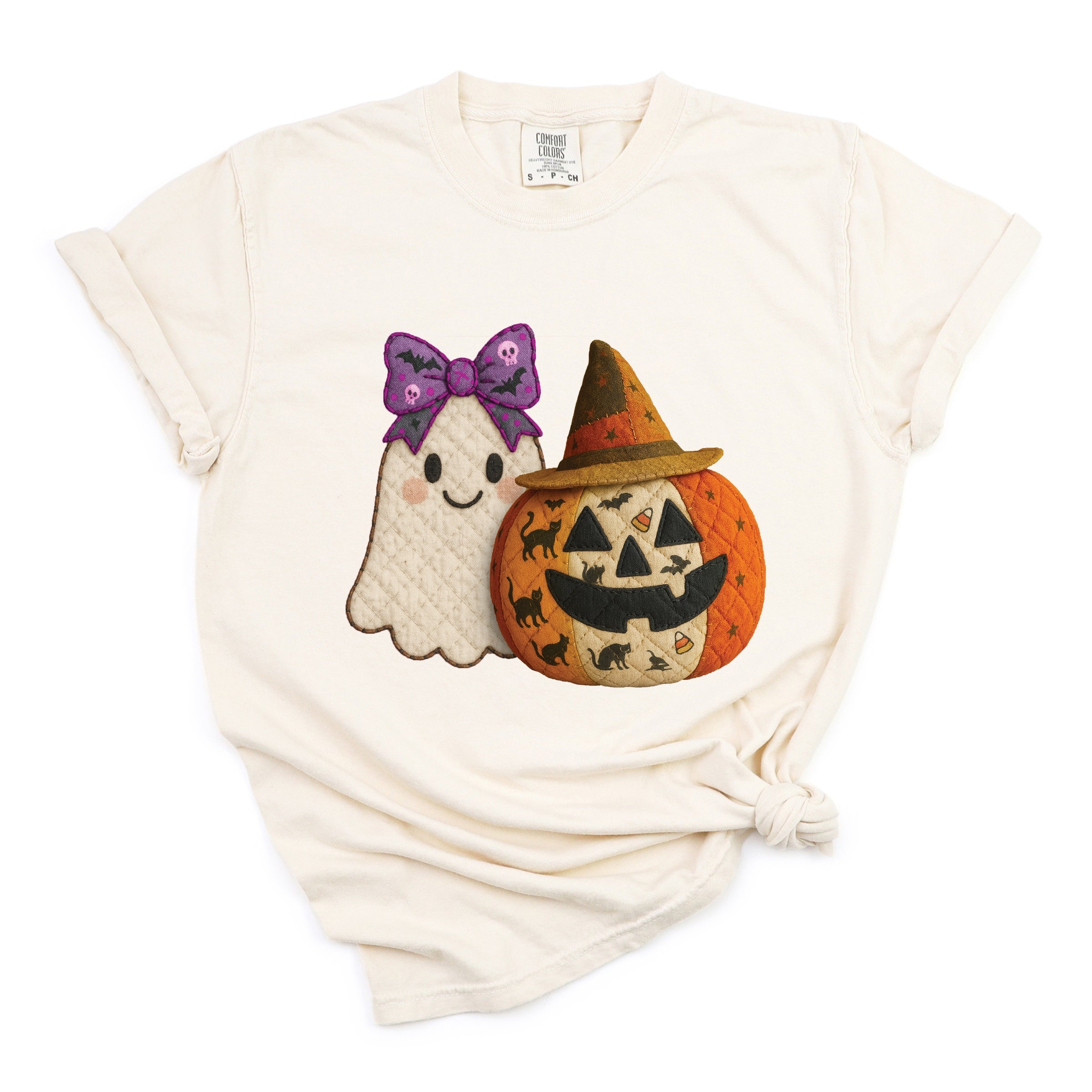 Ghost and Pumpkin Patchwork Print - Womens Garment Dyed Tee
