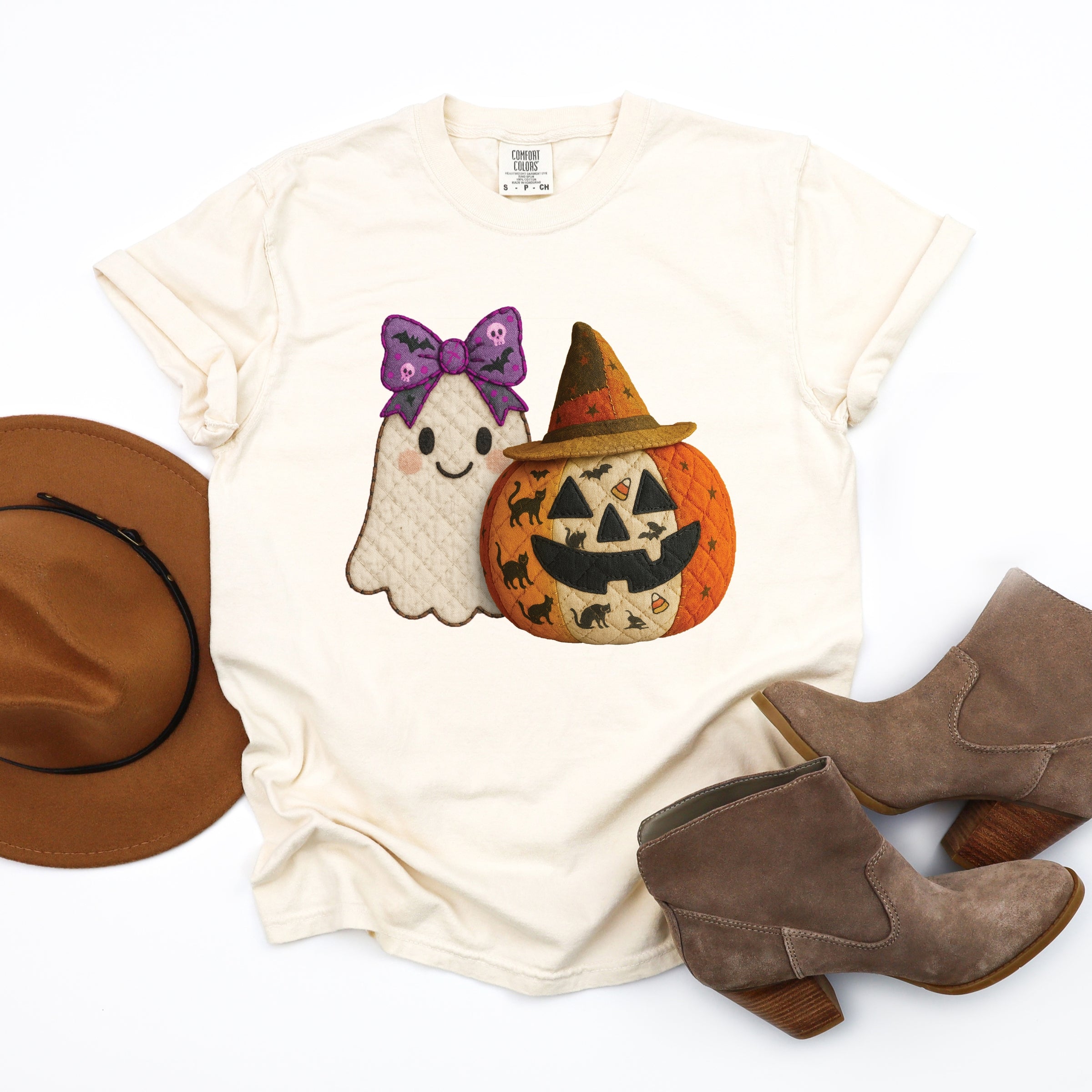 Ghost and Pumpkin Patchwork Print - Womens Garment Dyed Tee