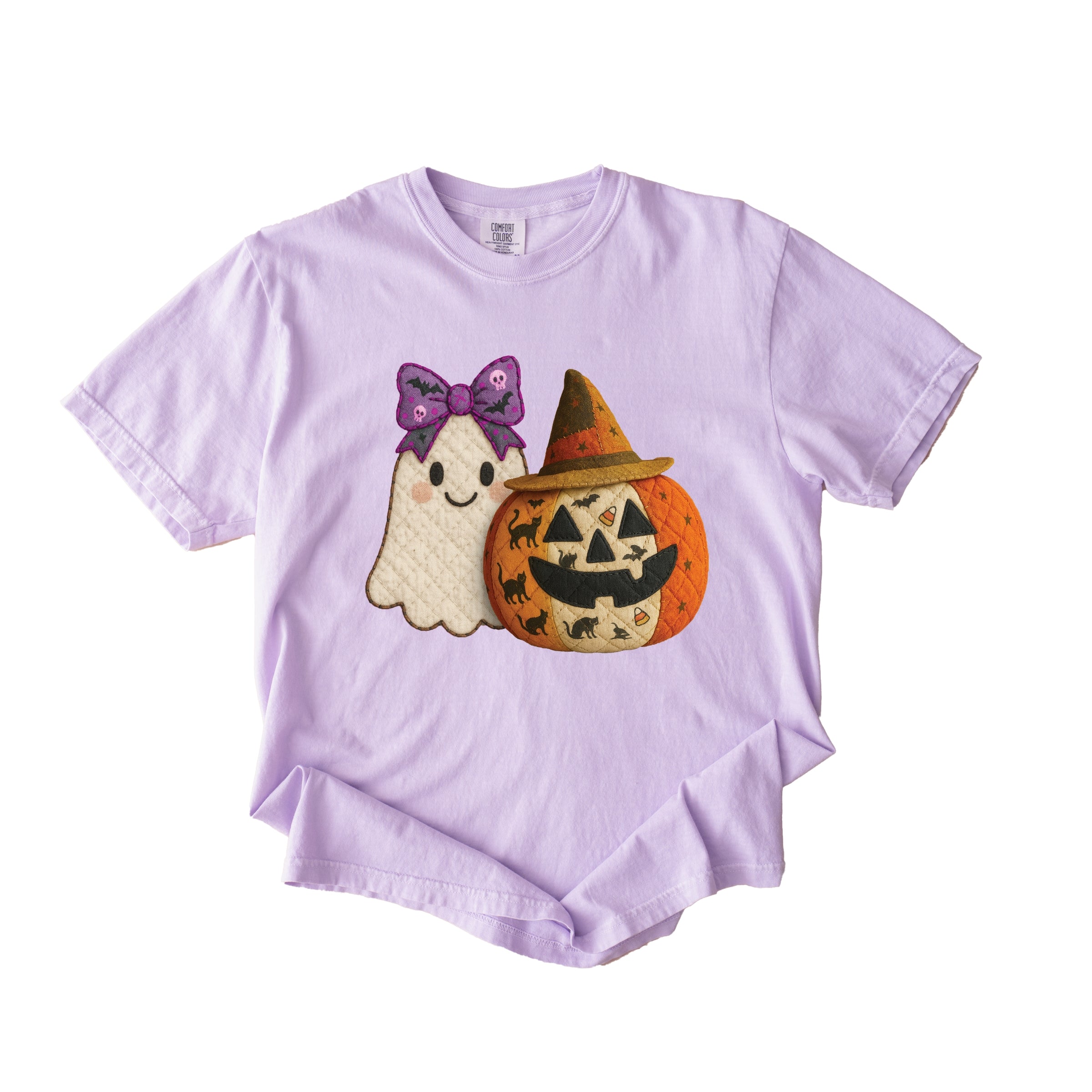 Ghost and Pumpkin Patchwork Print - Womens Garment Dyed Tee
