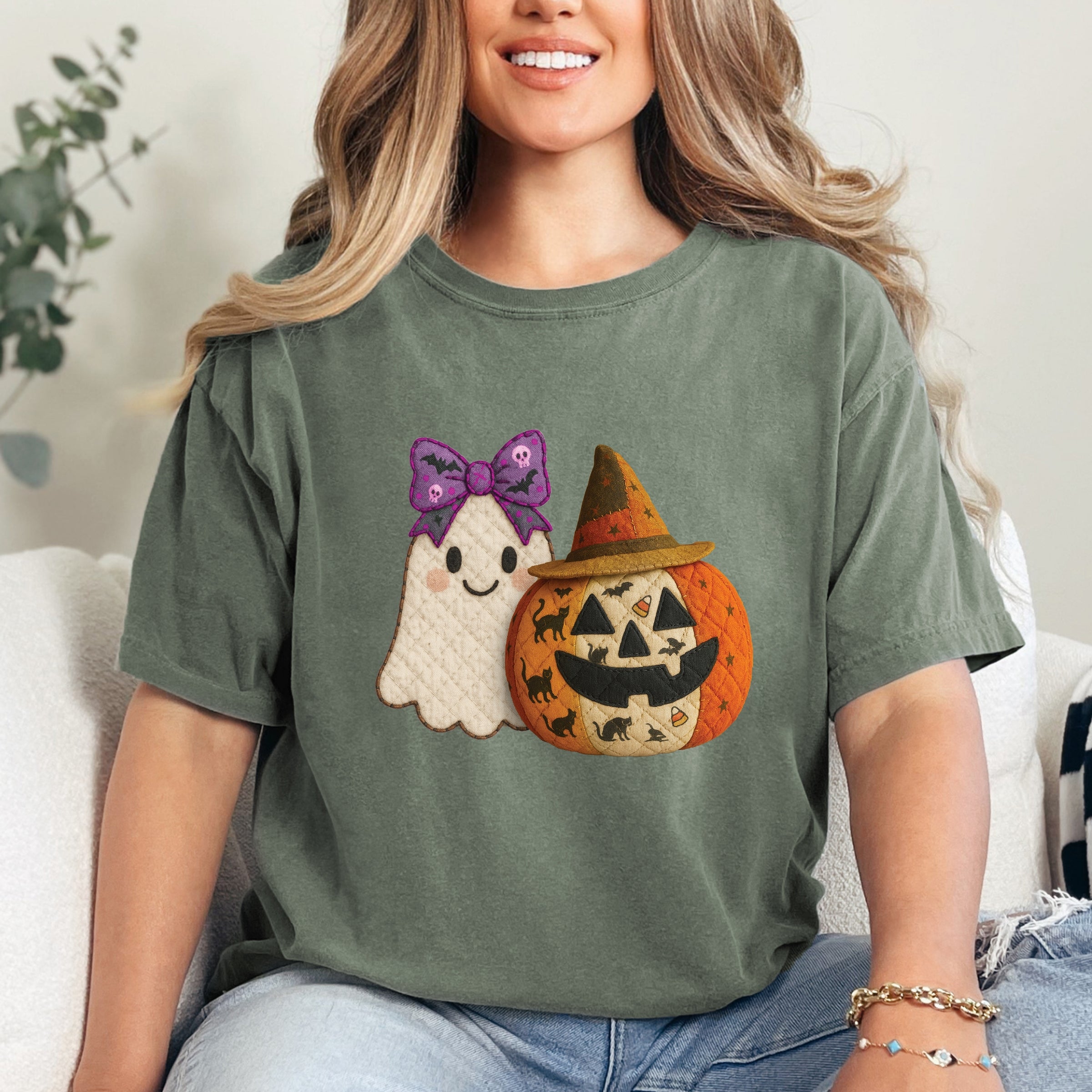 Ghost and Pumpkin Patchwork Print - Womens Garment Dyed Tee