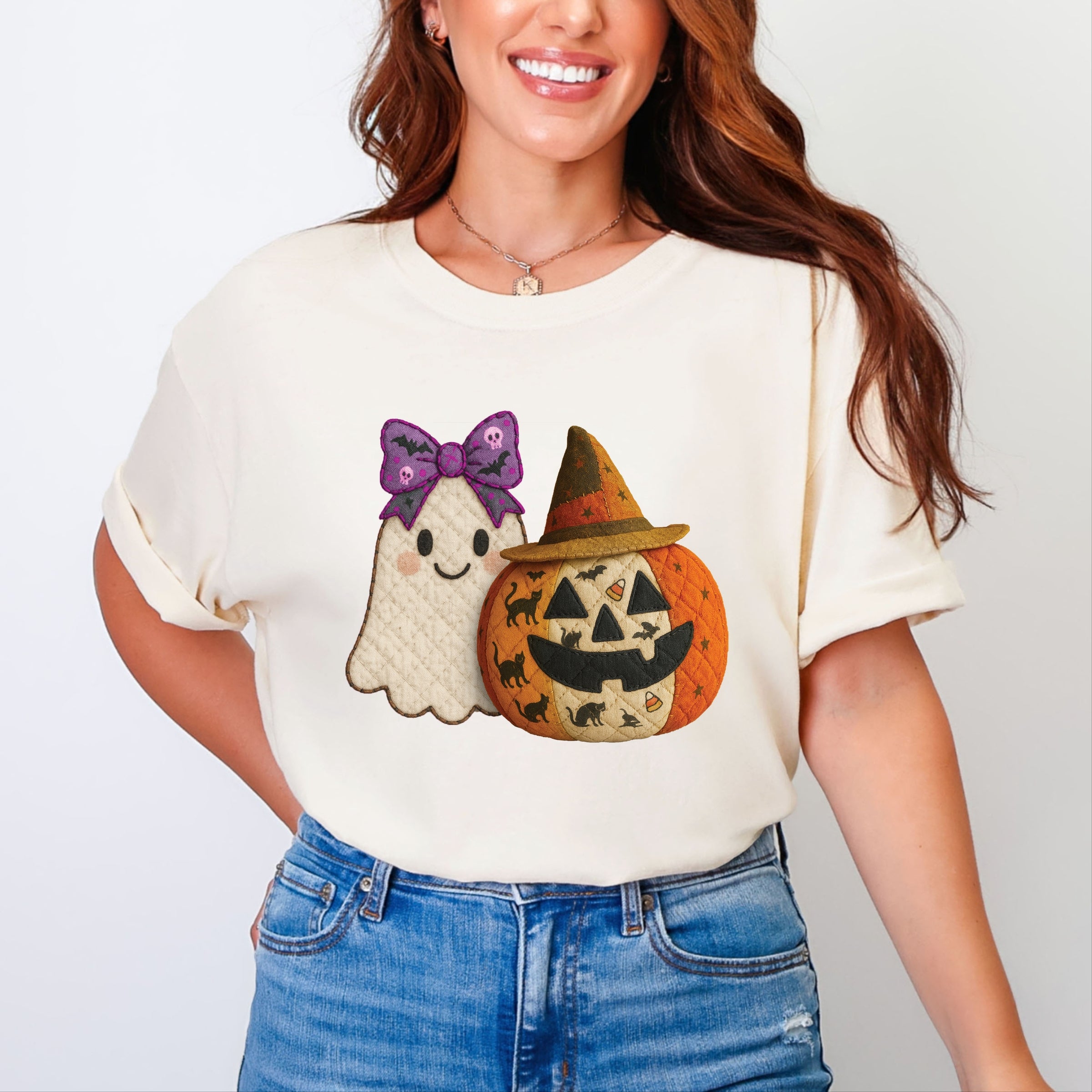 Ghost and Pumpkin Patchwork Print - Womens Garment Dyed Tee