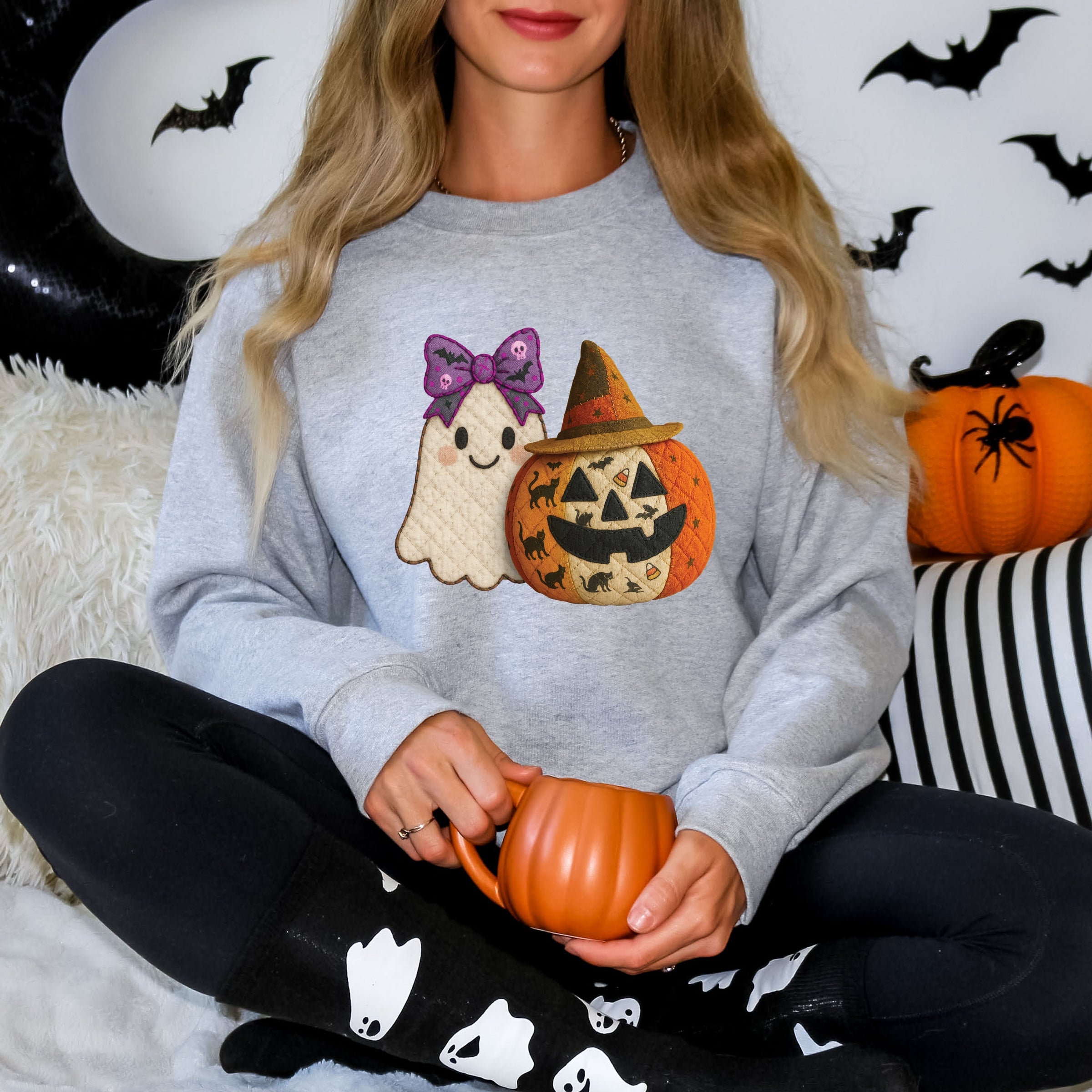 Ghost and Pumpkin Patchwork Print -  Womens Sweatshirt