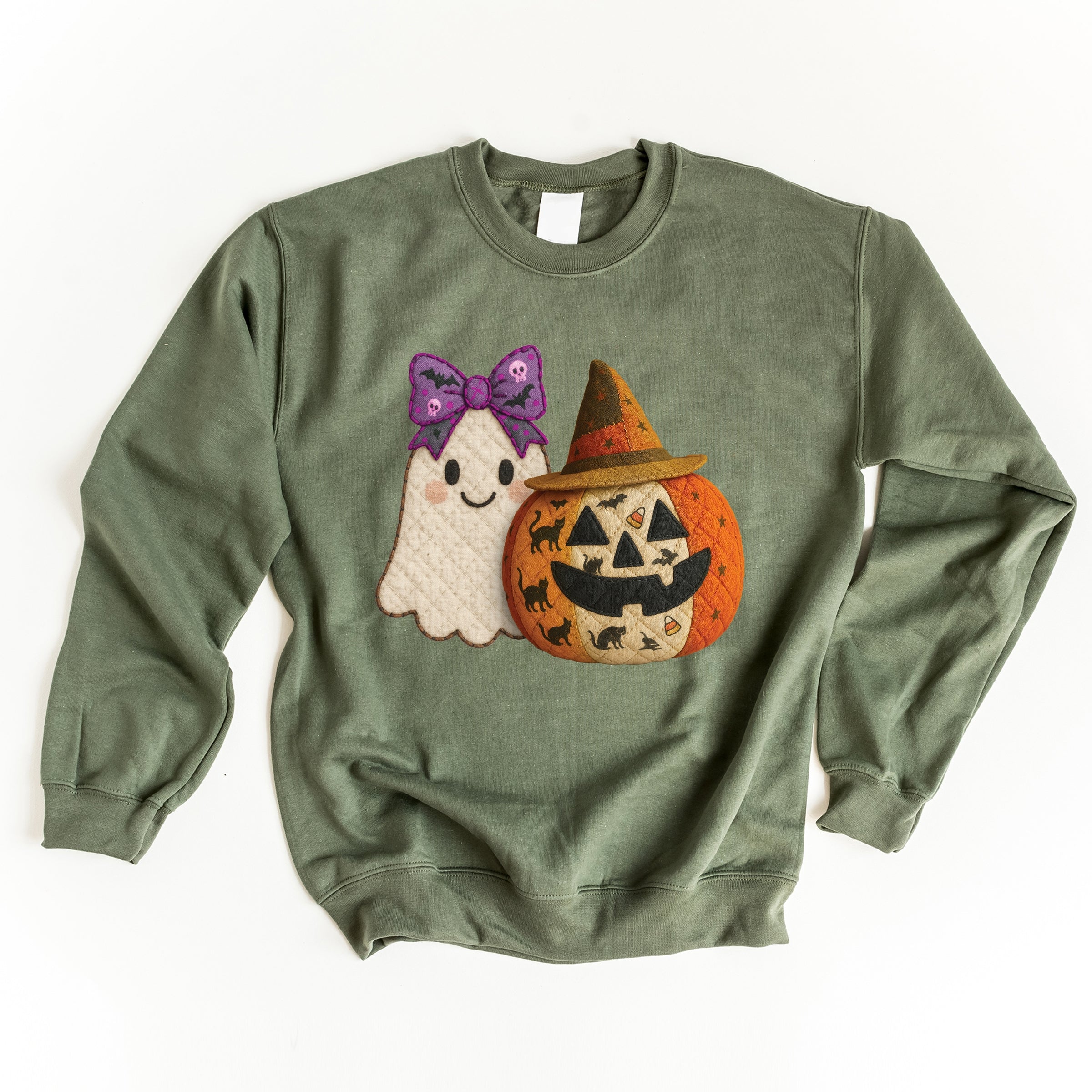Ghost and Pumpkin Patchwork Print -  Womens Sweatshirt