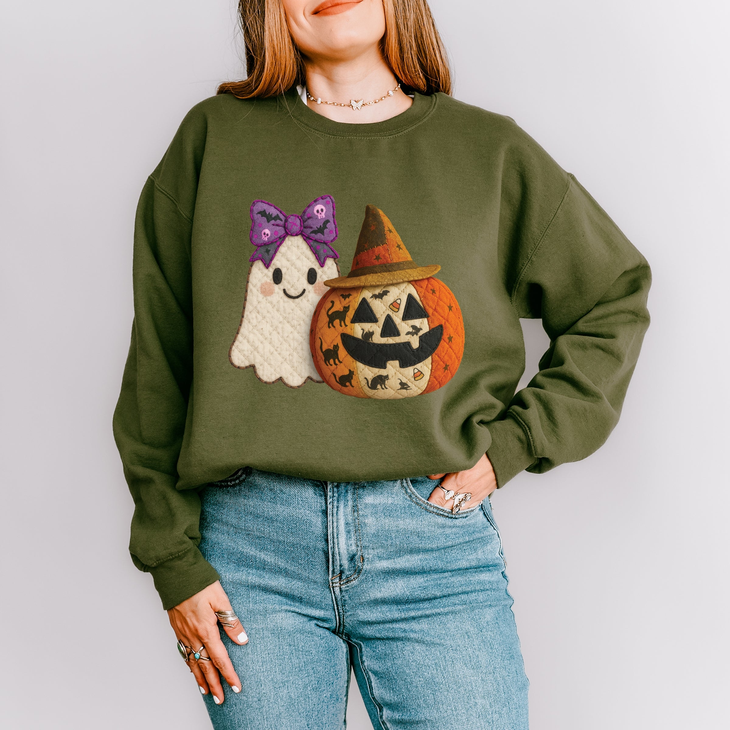 Ghost and Pumpkin Patchwork Print -  Womens Sweatshirt