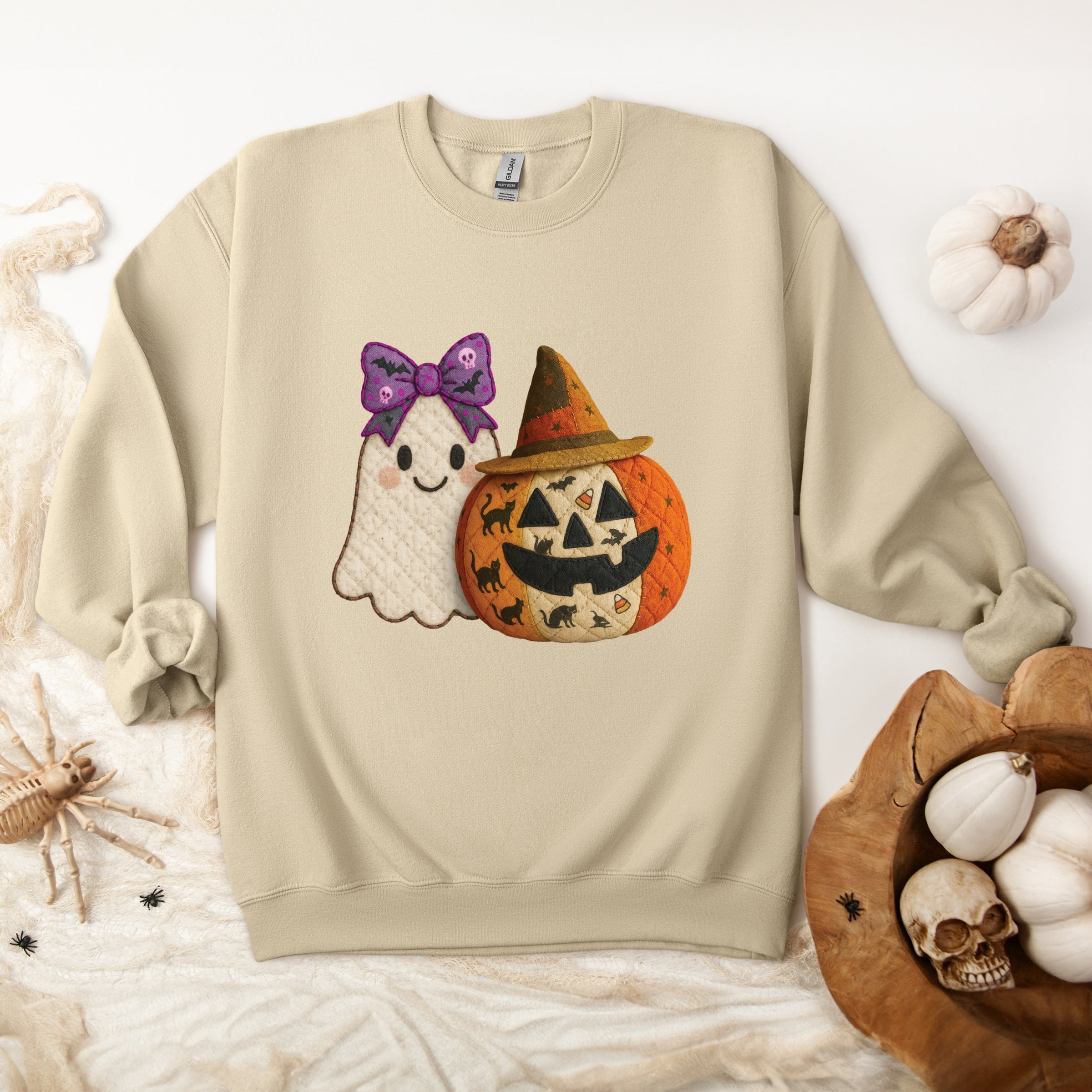 Ghost and Pumpkin Patchwork Print -  Womens Sweatshirt