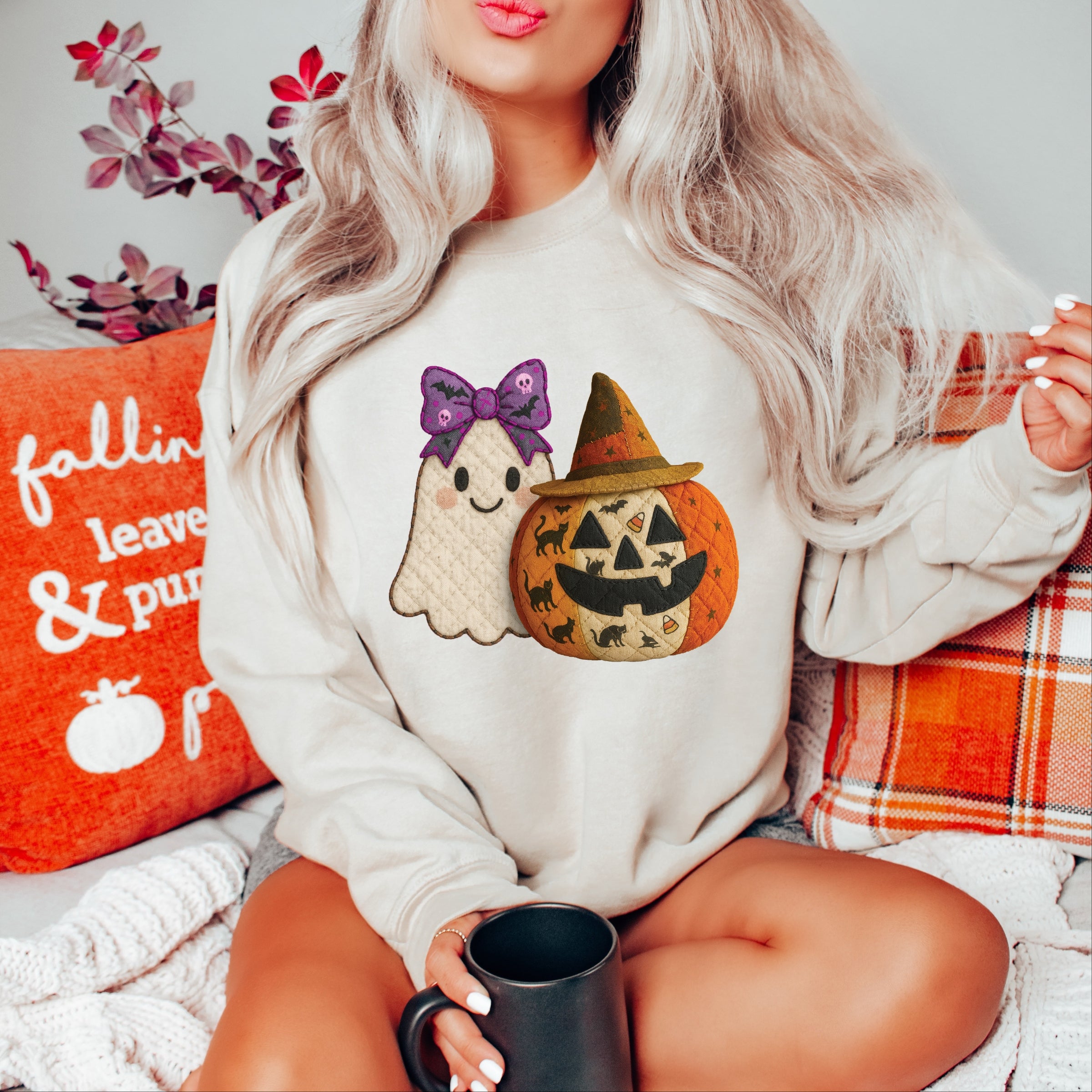 Ghost and Pumpkin Patchwork Print -  Womens Sweatshirt