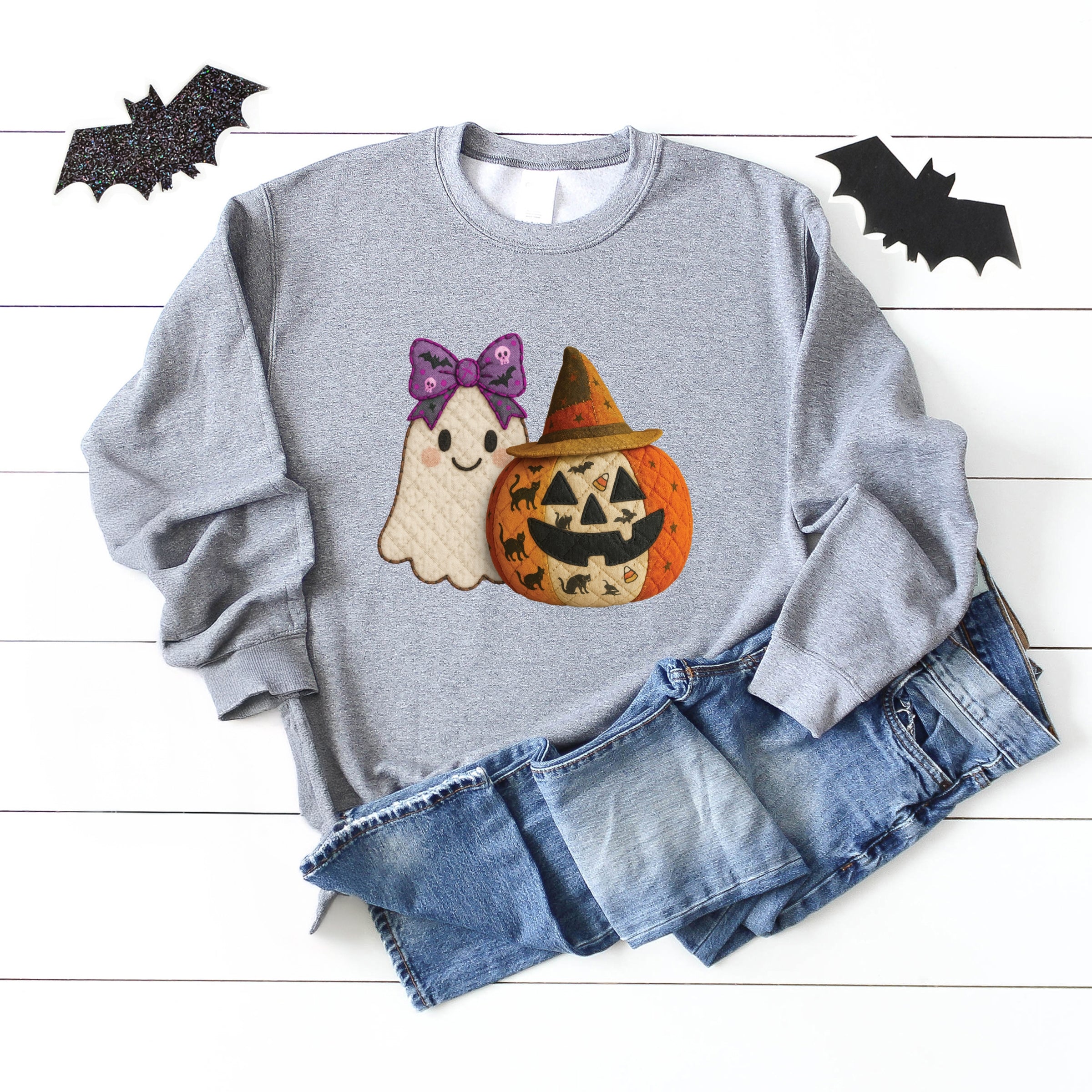 Ghost and Pumpkin Patchwork Print -  Womens Sweatshirt