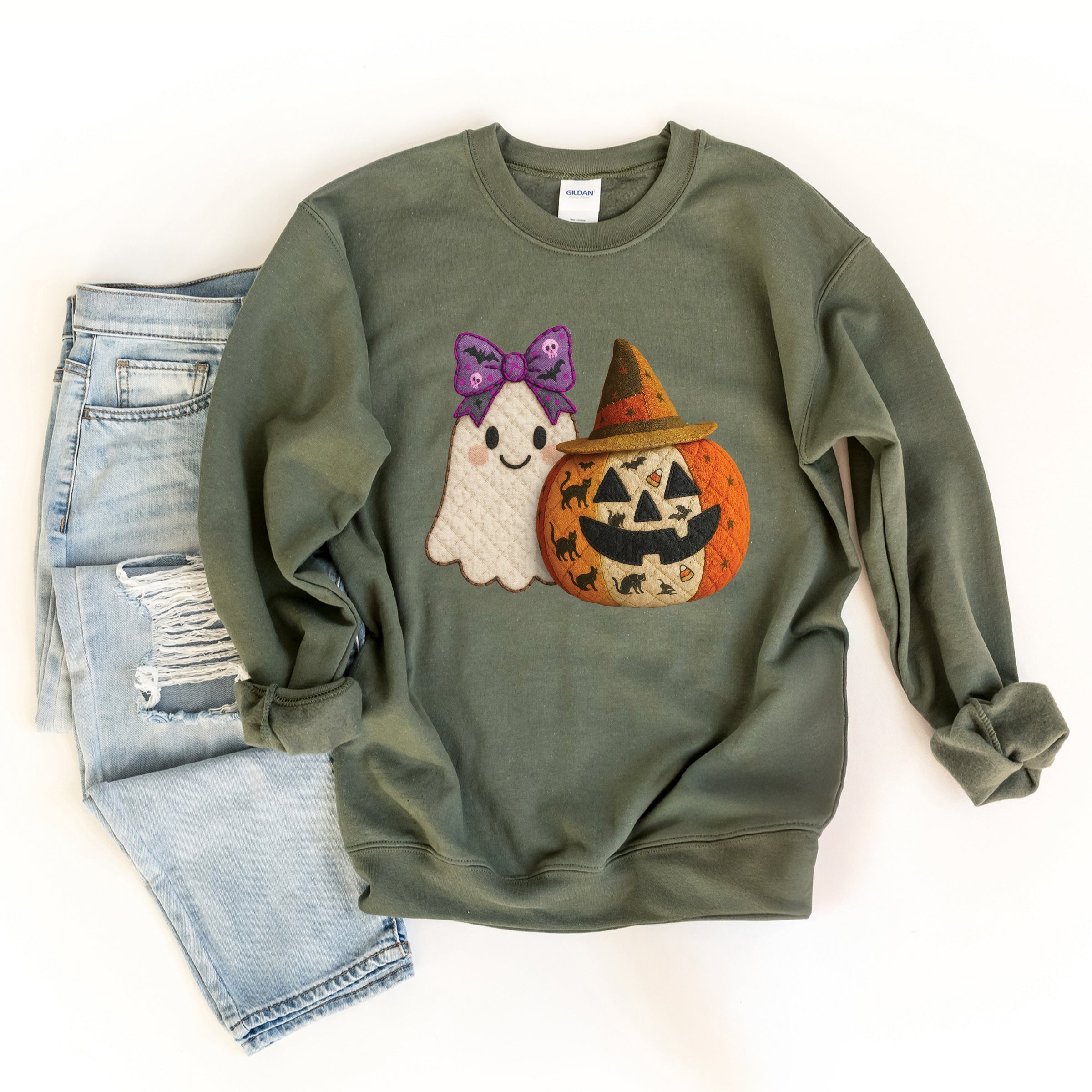 Ghost and Pumpkin Patchwork Print -  Womens Sweatshirt
