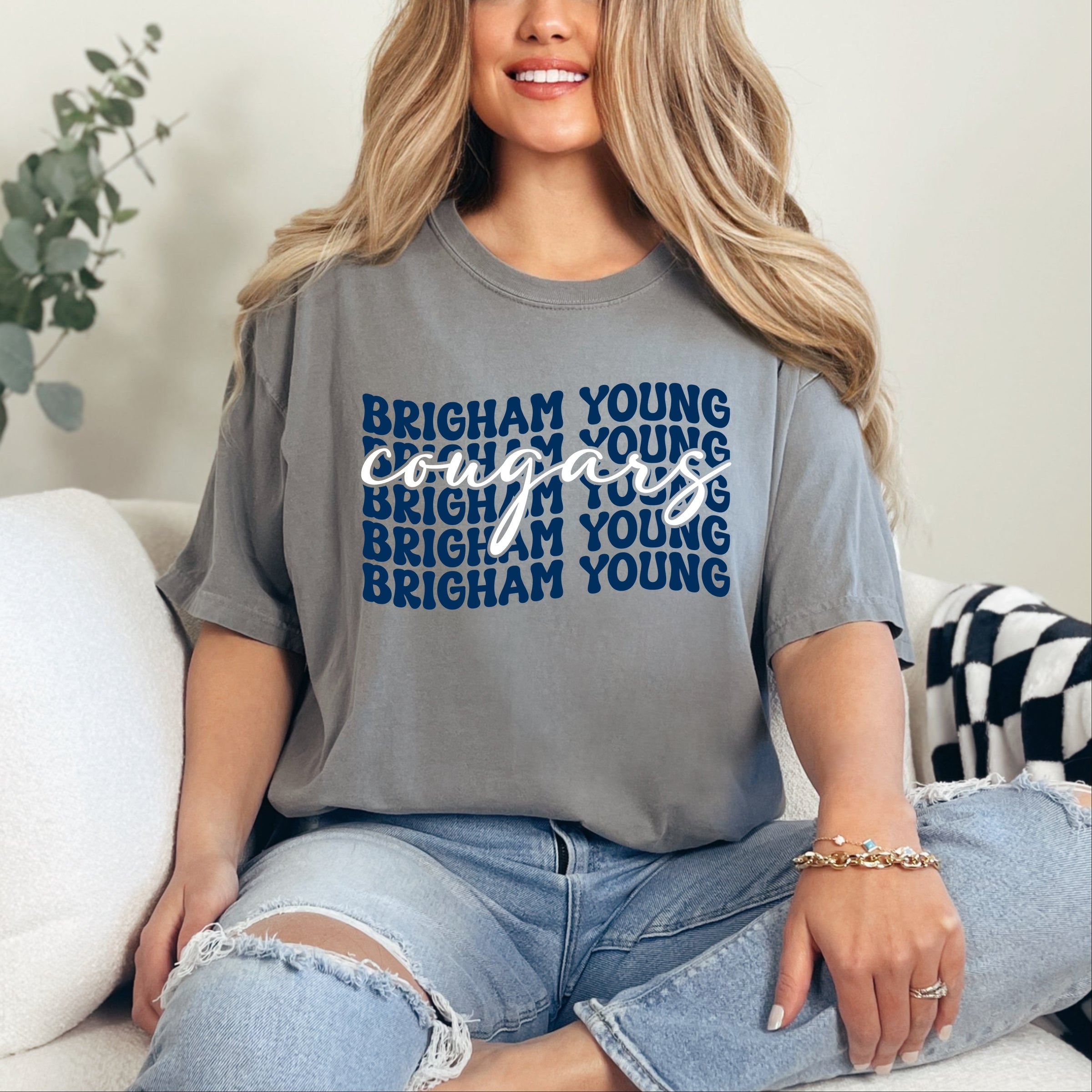 Brigham Young Stacked Cougars - Women's Garment Dyed Graphic T-Shirt