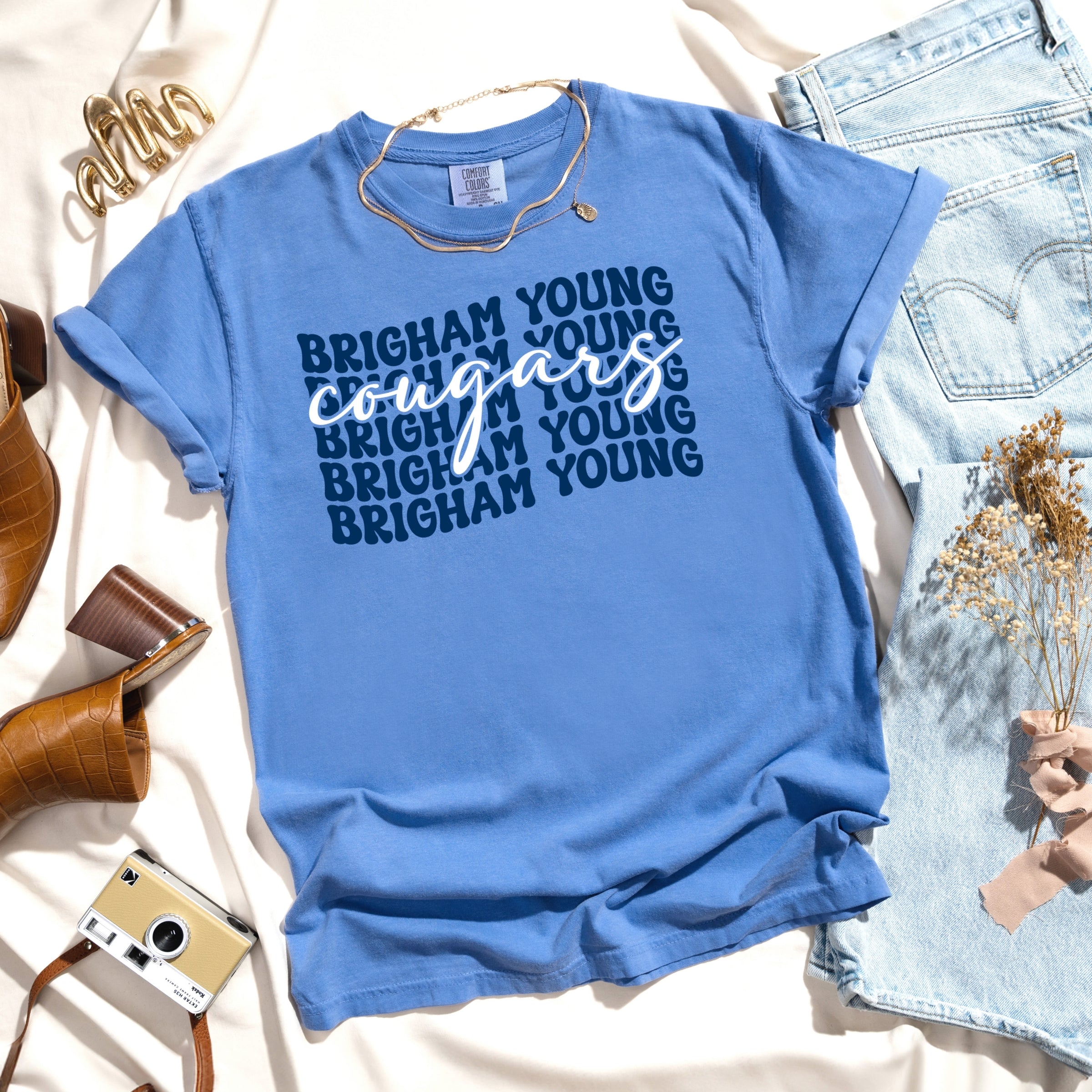 Brigham Young Stacked Cougars - Women's Garment Dyed Graphic T-Shirt