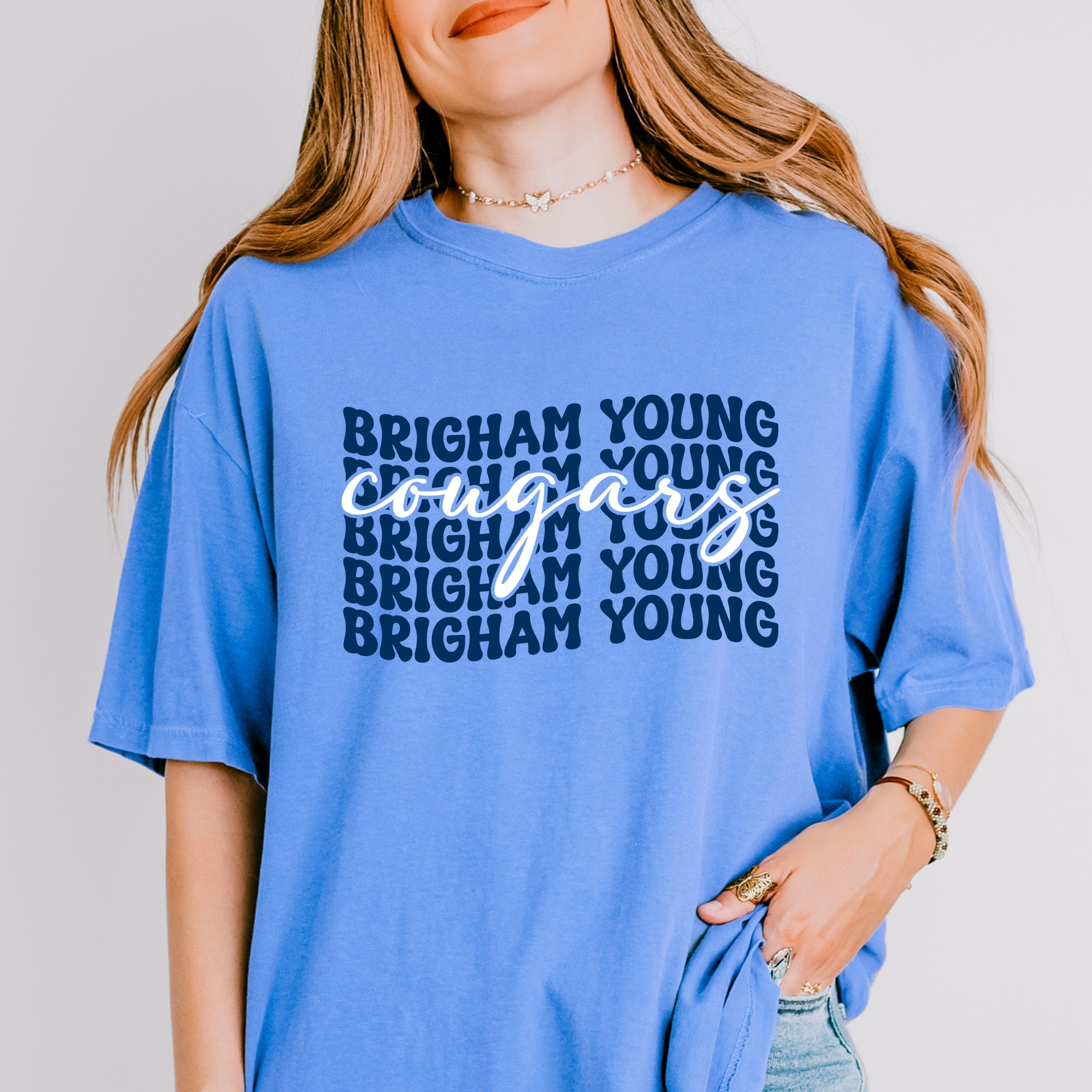Brigham Young Stacked Cougars - Women's Garment Dyed Graphic T-Shirt