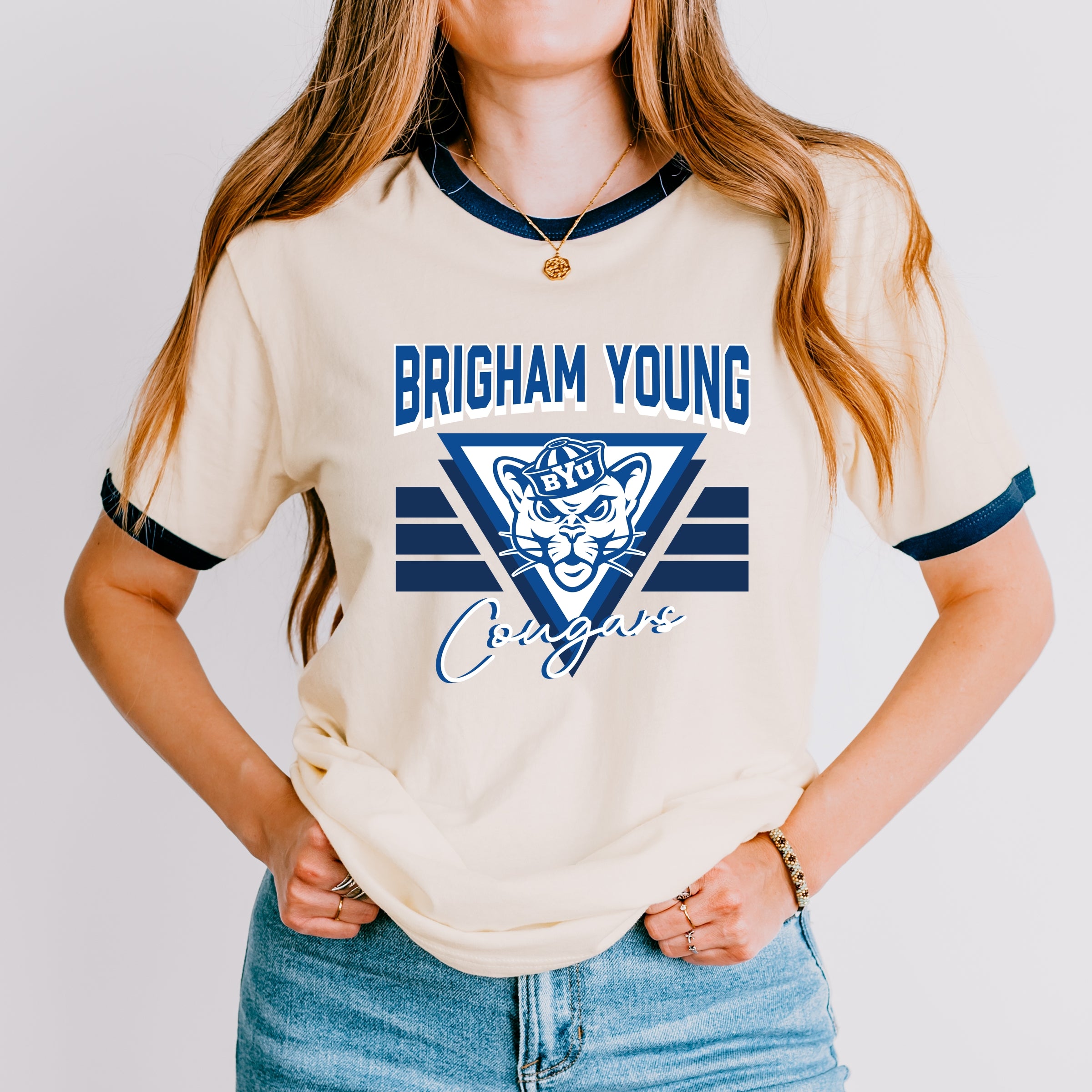 Brigham Young Cougars Triangle - Women's Ringer Graphic T-Shirt