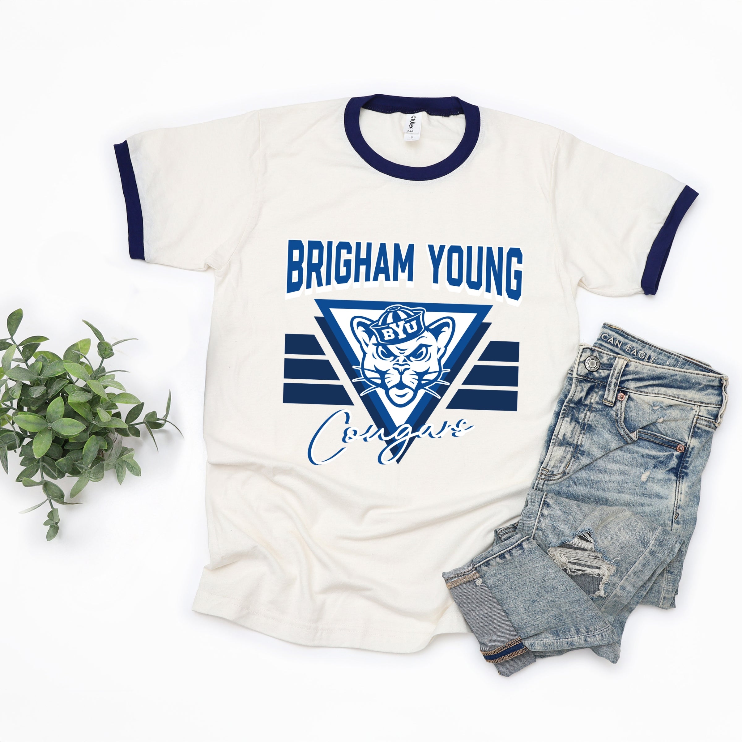 Brigham Young Cougars Triangle - Women's Ringer Graphic T-Shirt