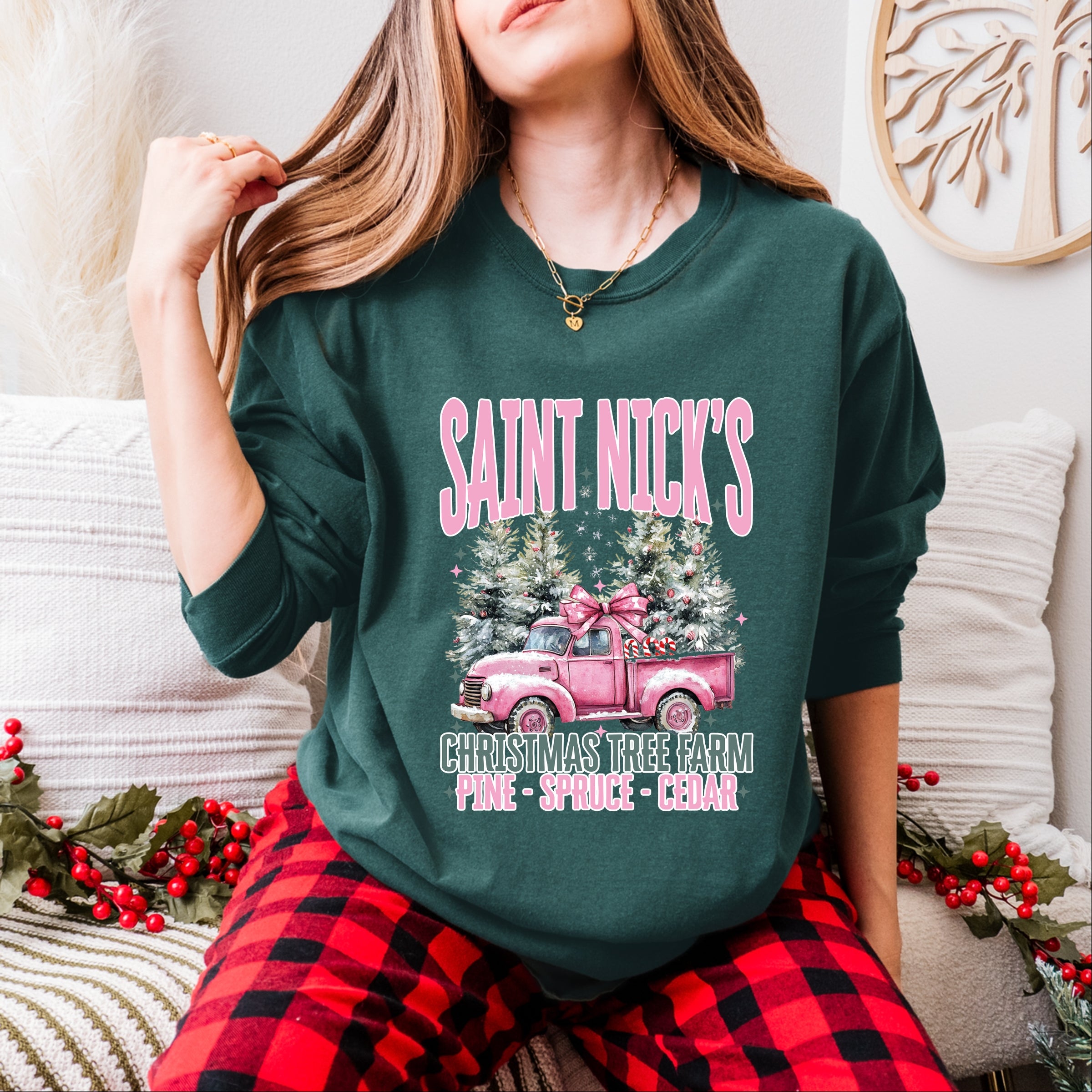 Saint Nick's Farm Truck - Women's Garment Dyed Long Sleeve Graphic T-Shirt