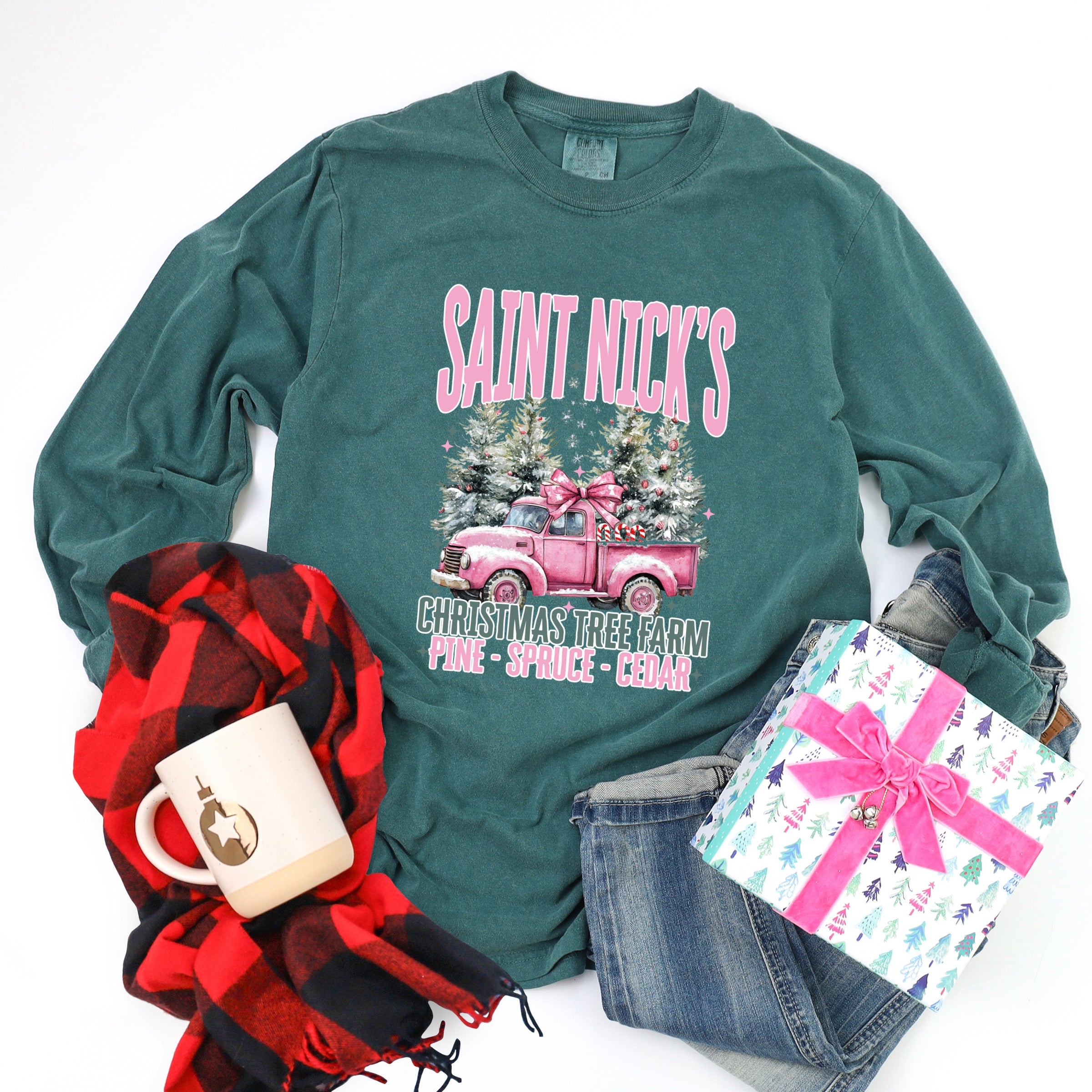 Saint Nick's Farm Truck - Women's Garment Dyed Long Sleeve Graphic T-Shirt
