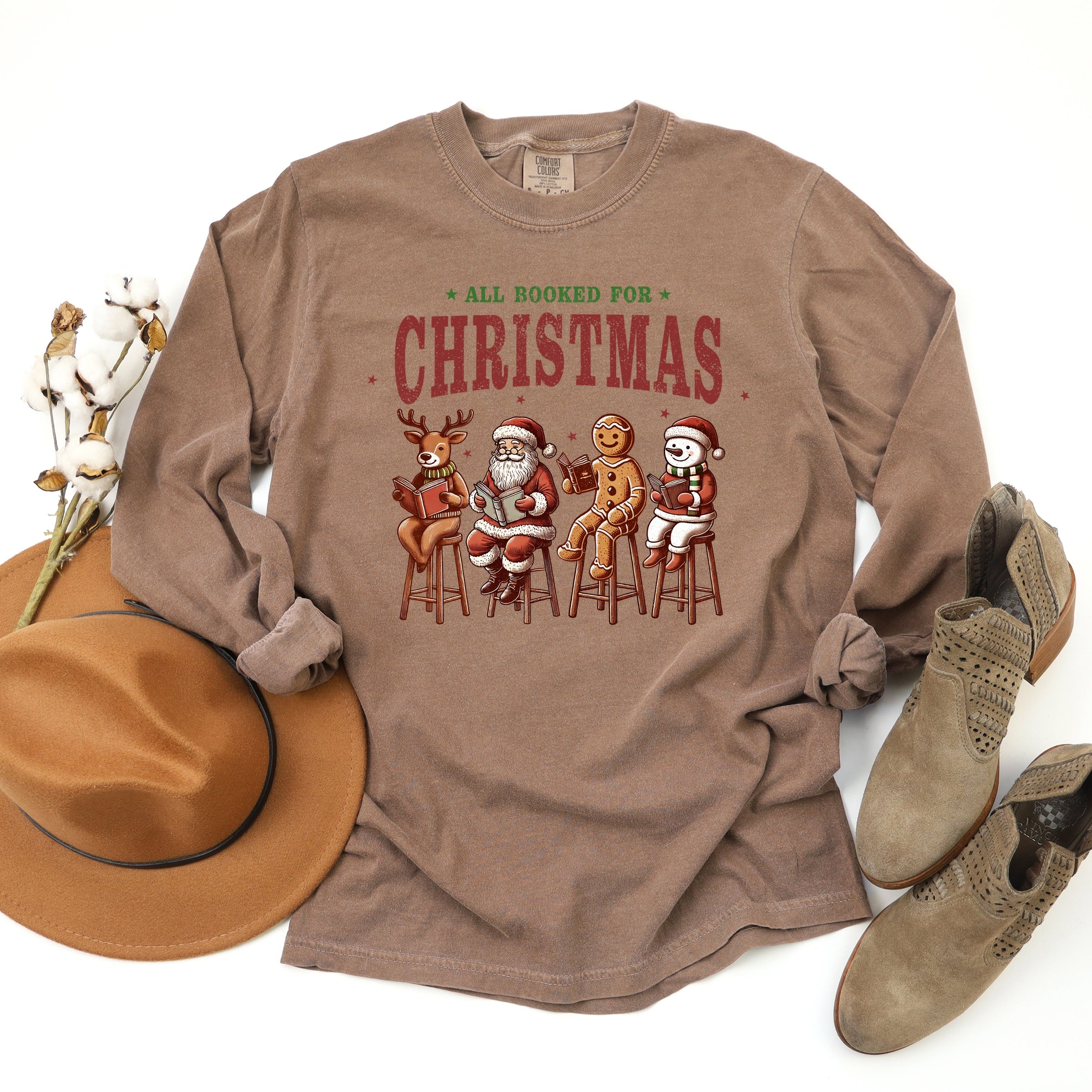 Booked For Christmas Stool - Women's Garment Dyed Long Sleeve Graphic T-Shirt
