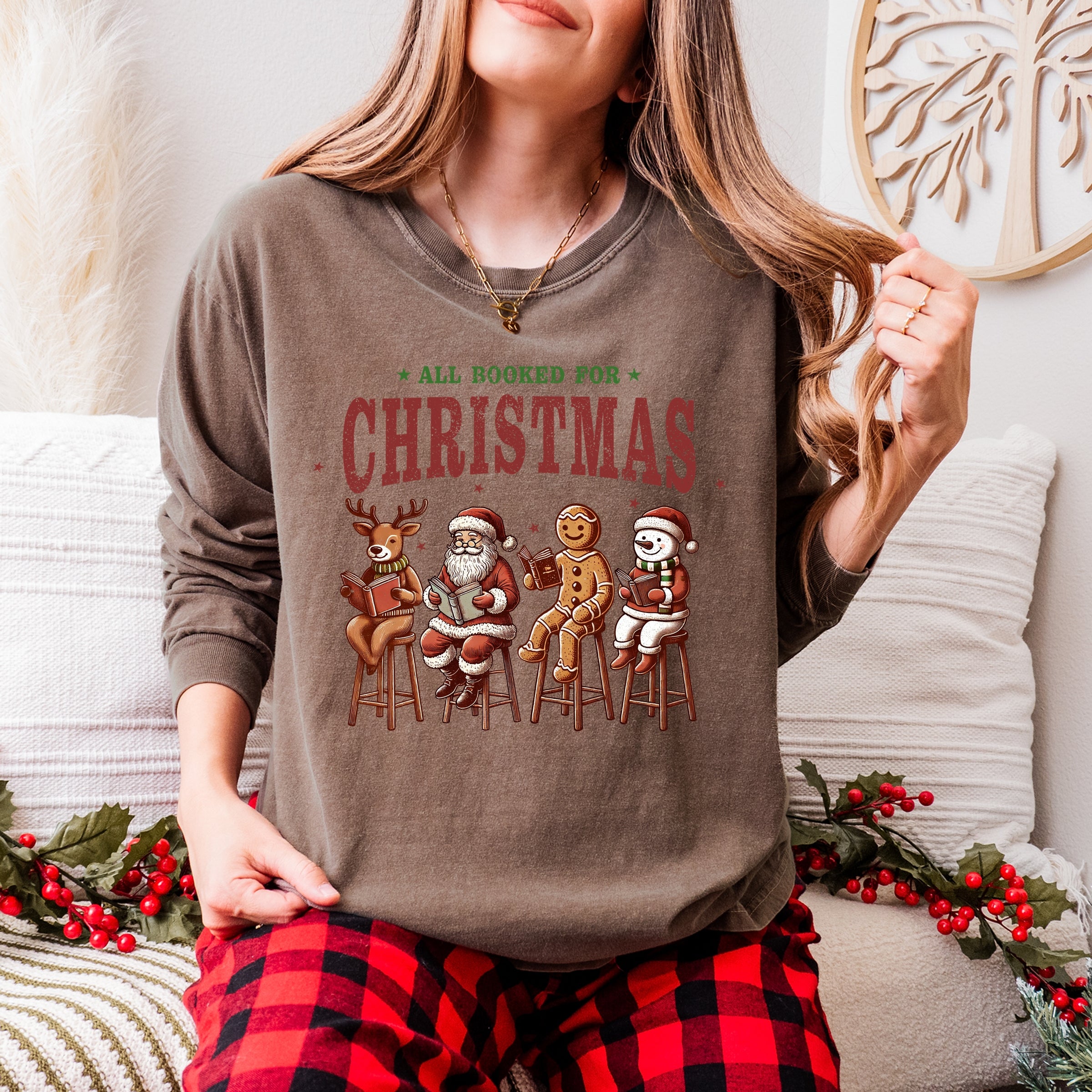 Booked For Christmas Stool - Women's Garment Dyed Long Sleeve Graphic T-Shirt