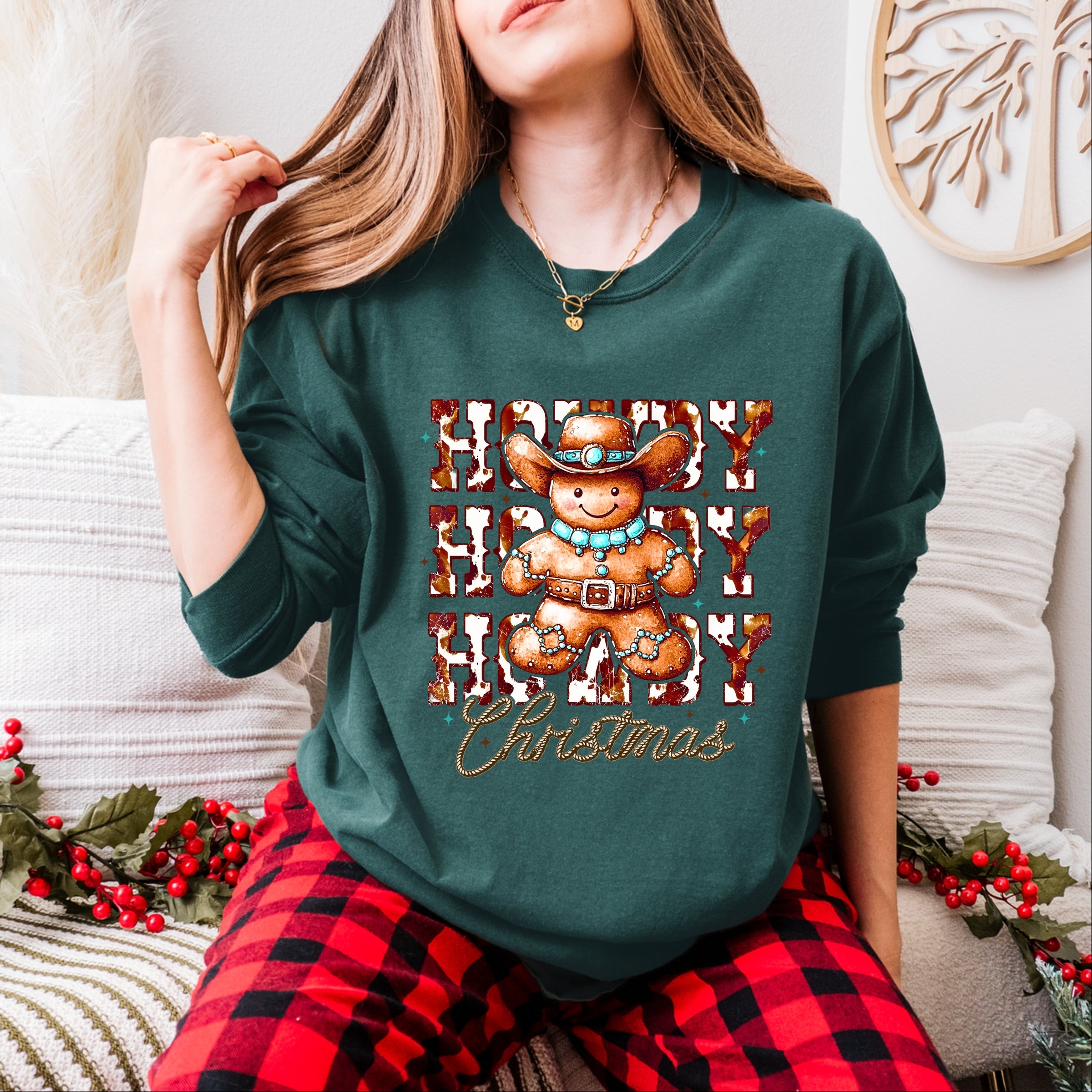 Howdy Gingerbread - Women's Garment Dyed Long Sleeve Graphic T-Shirt