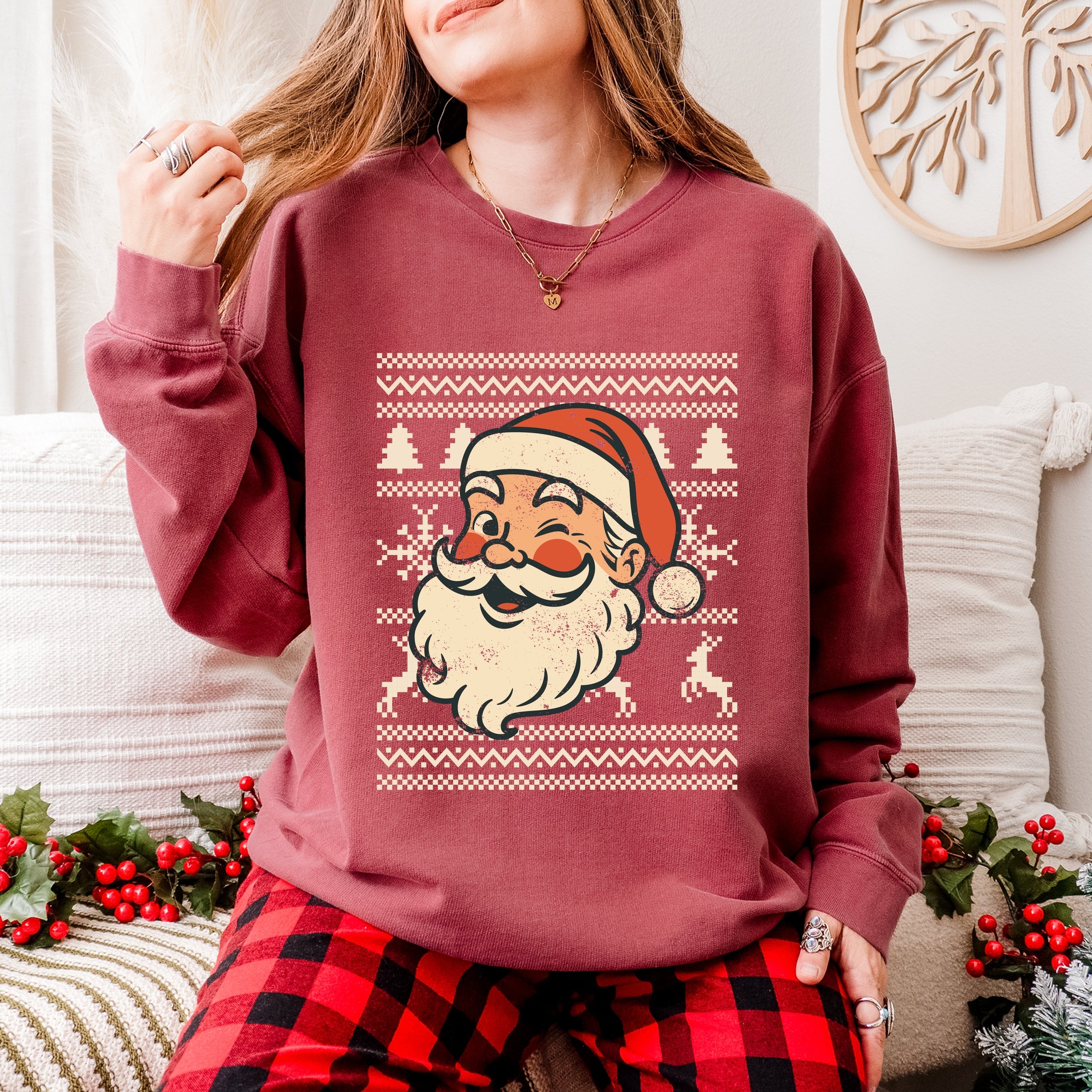 Ugly Sweater Santa Face - Women's Lightweight Garment Dyed Sweatshirt