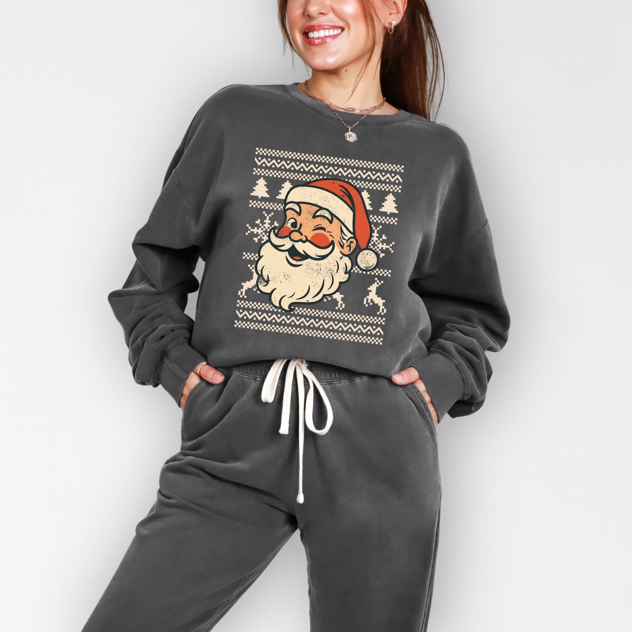Ugly Sweater Santa Face - Women's Lightweight Garment Dyed Sweatshirt