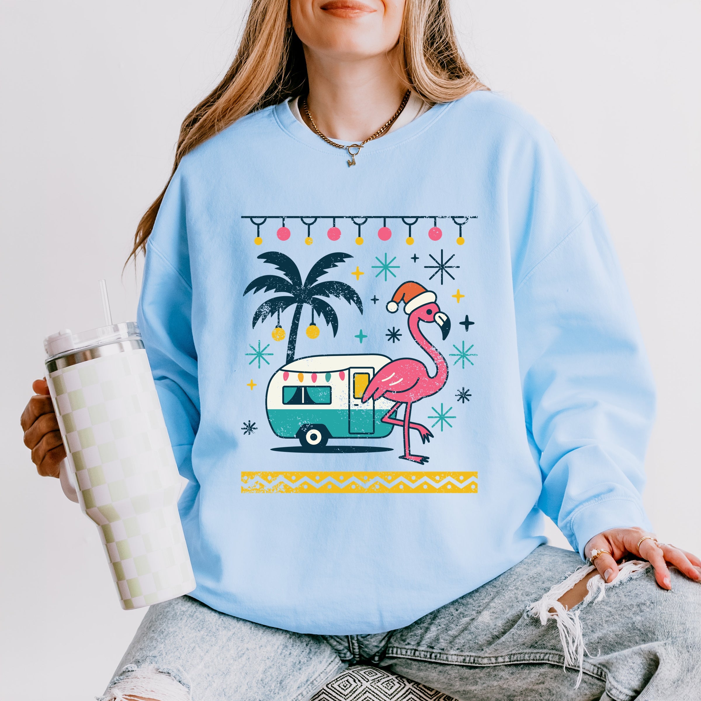 Ugly Sweater Flamingo - Women's Lightweight Garment Dyed Sweatshirt