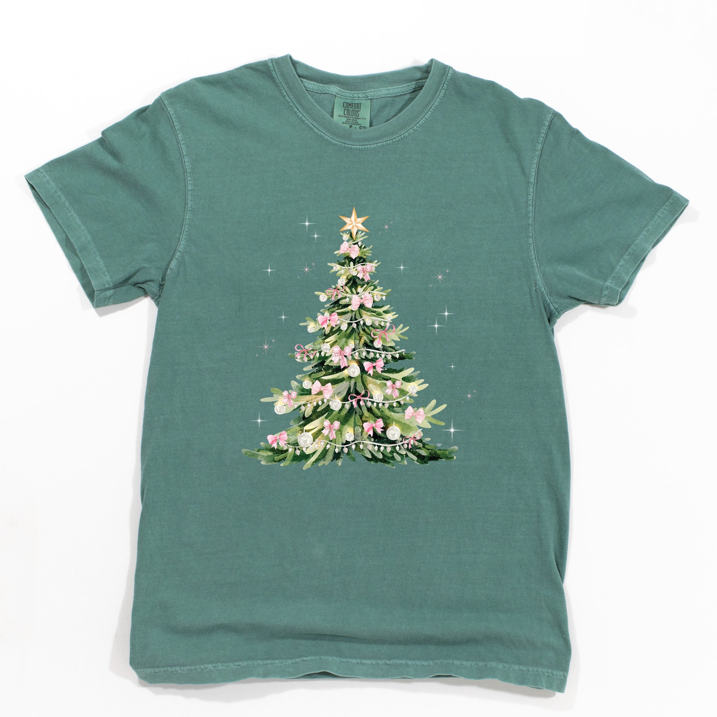 Watercolor Christmas Tree Sparkle - Womens Garment Dyed Tee