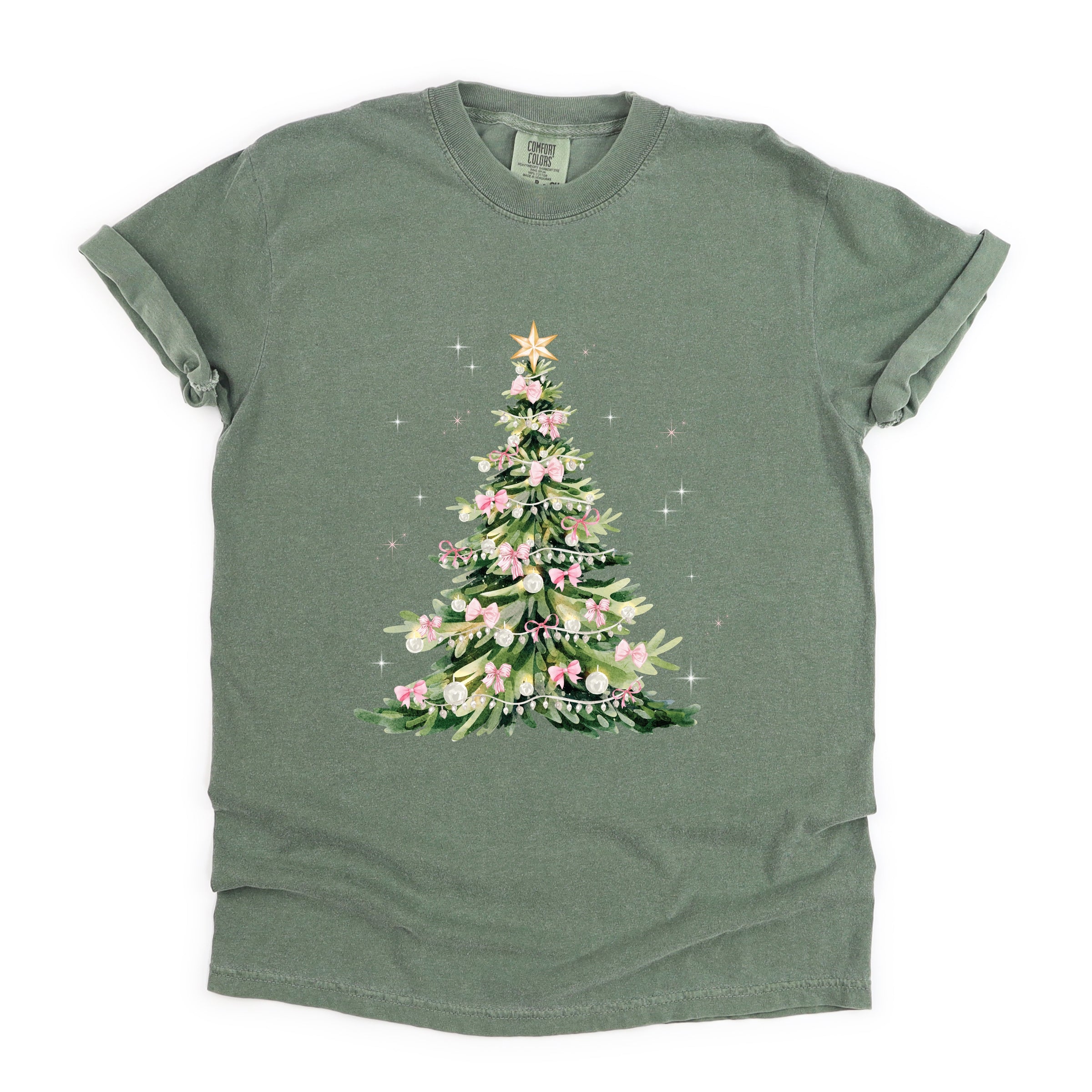 Watercolor Christmas Tree Sparkle - Womens Garment Dyed Tee